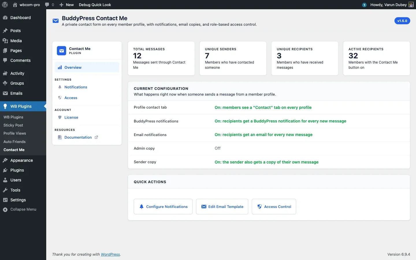 Contact Me admin overview