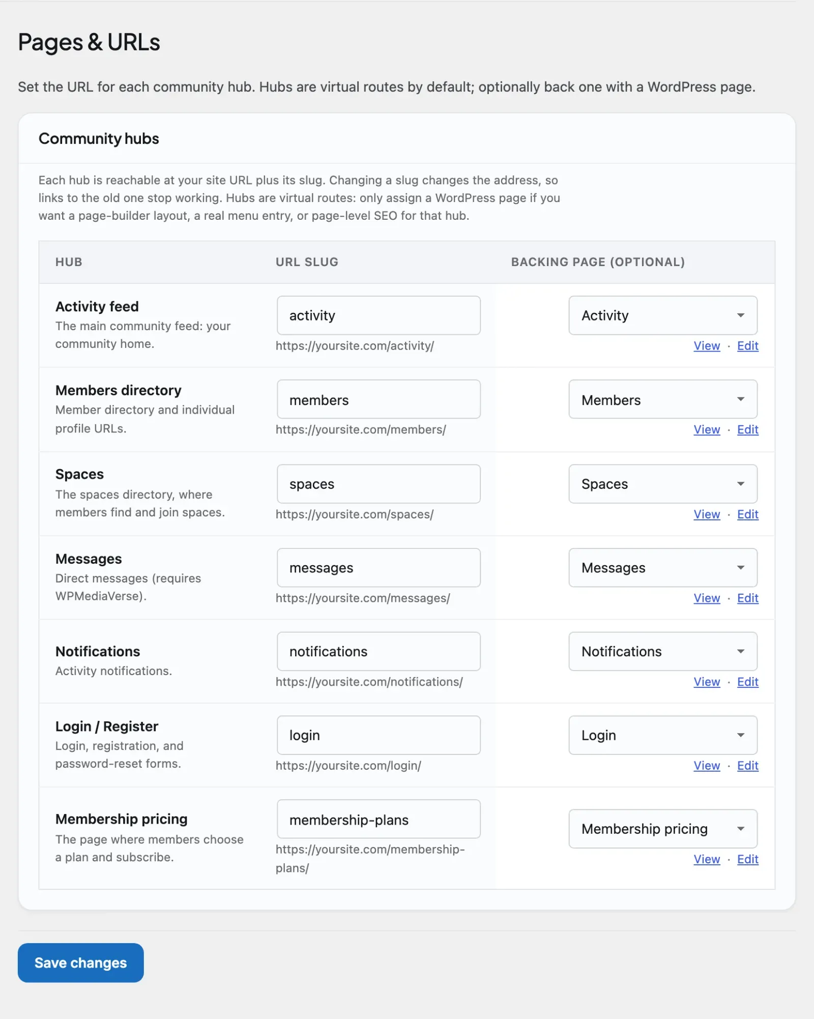The Settings → Pages &amp; URLs tab mapping BuddyNext screens to pages