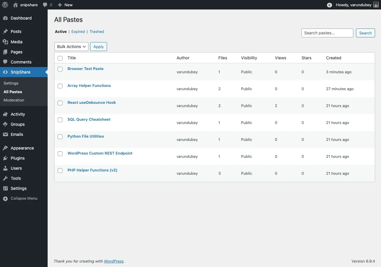 All Pastes admin screen