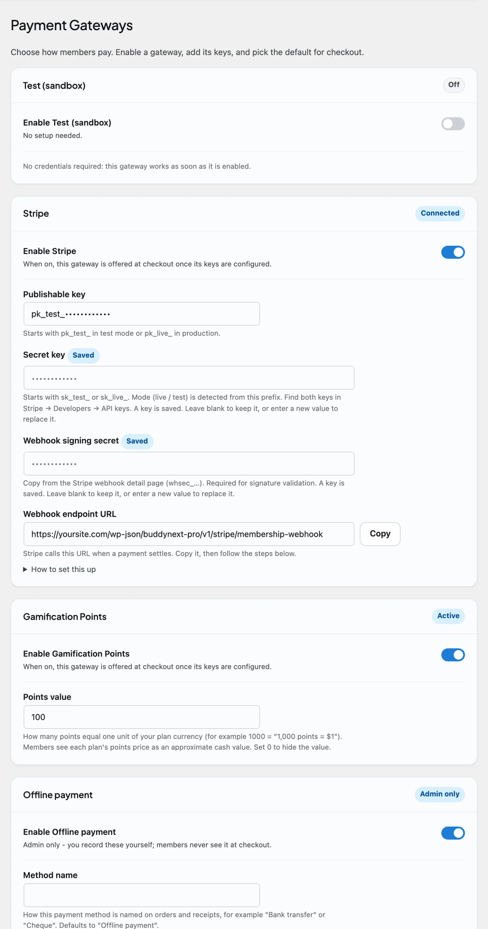 The Monetization Payments admin tab listing every payment gateway with its own enable toggle and status badge