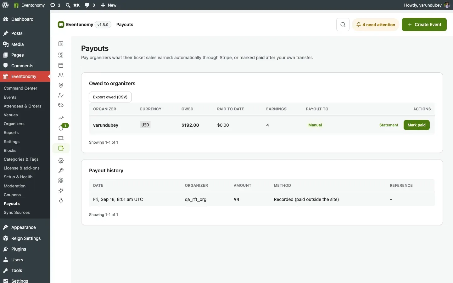 The Payouts admin screen listing each organizer with an outstanding balance, their payout method, and per-row Mark paid and Statement actions