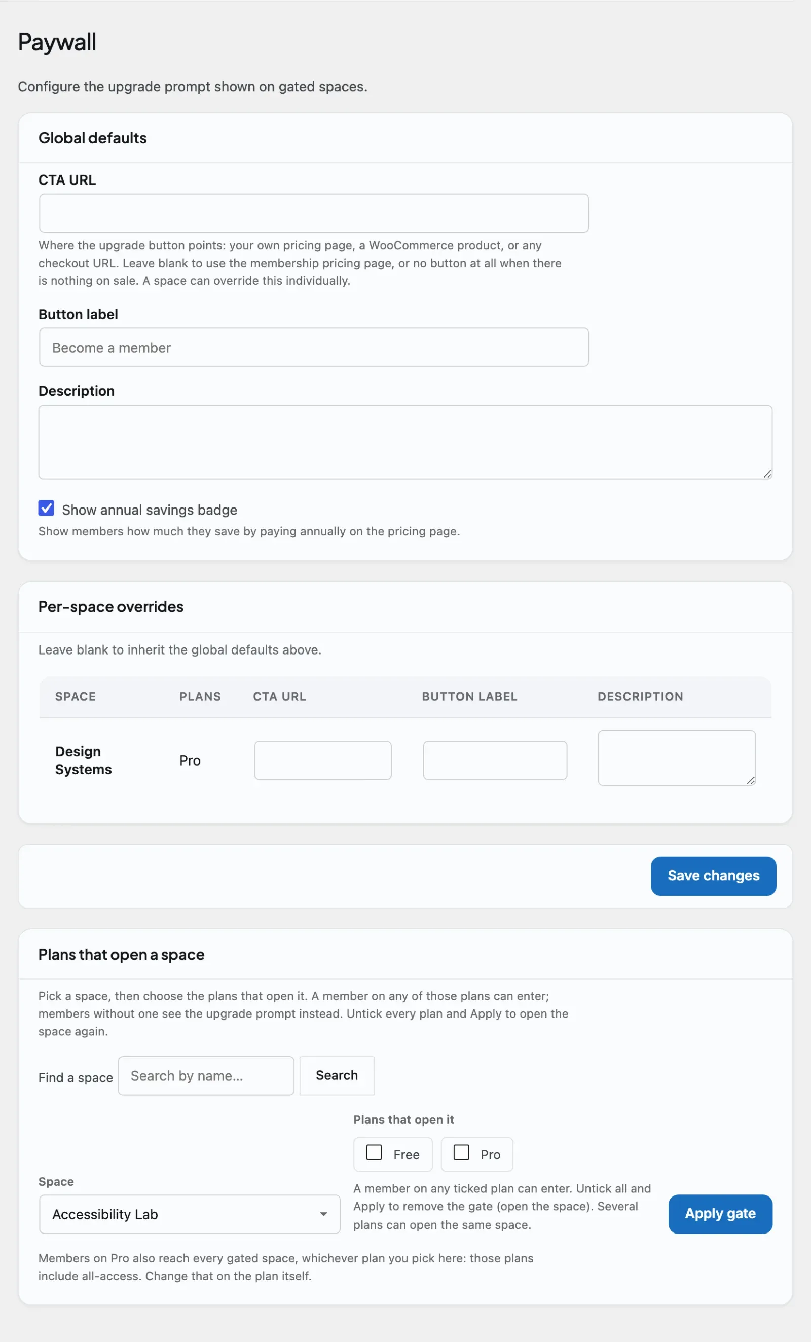 The Paywall tab configuring the upgrade prompt shown on protected content
