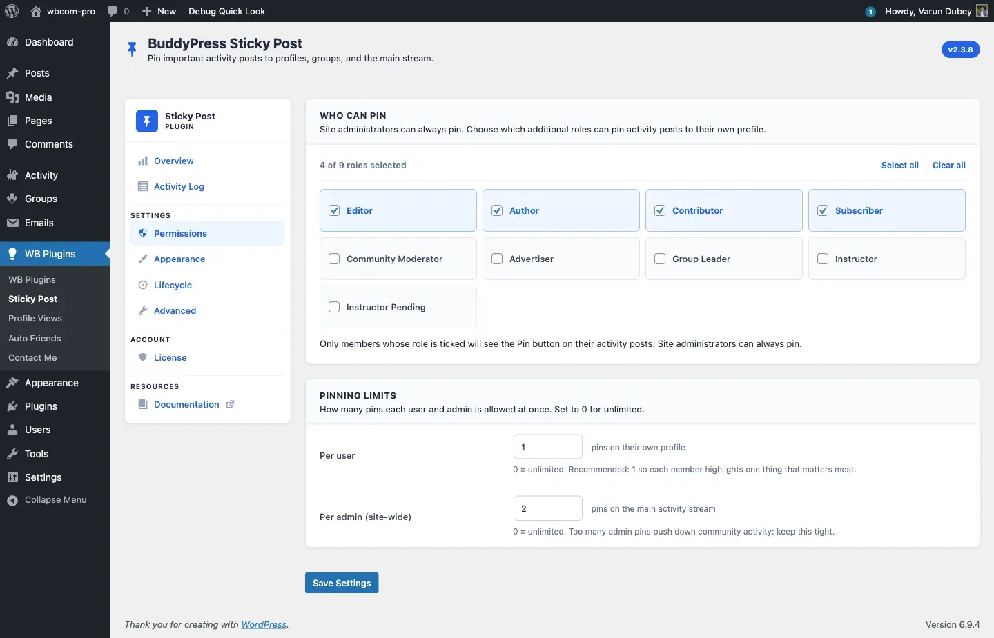 Permissions tab with role grid, group pin authority, and pinning limits