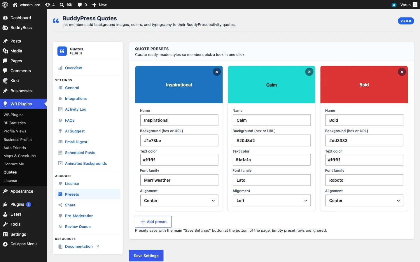 The Presets settings tab showing a list of preset cards each with a name field, background picker, and text-color selector.