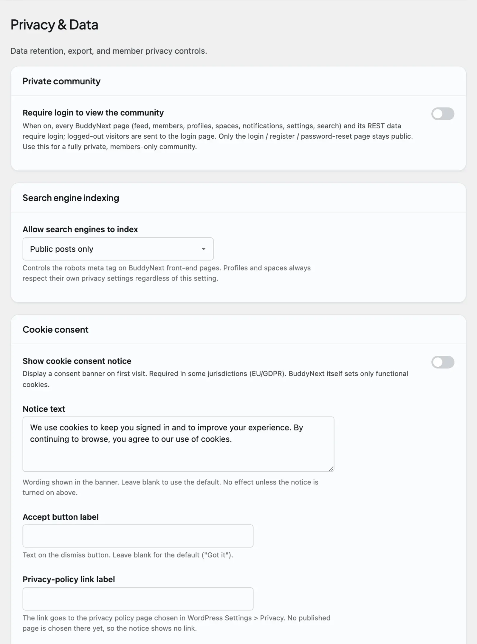 Members - Privacy &amp; Data admin tab for consent, retention, export, and deletion settings