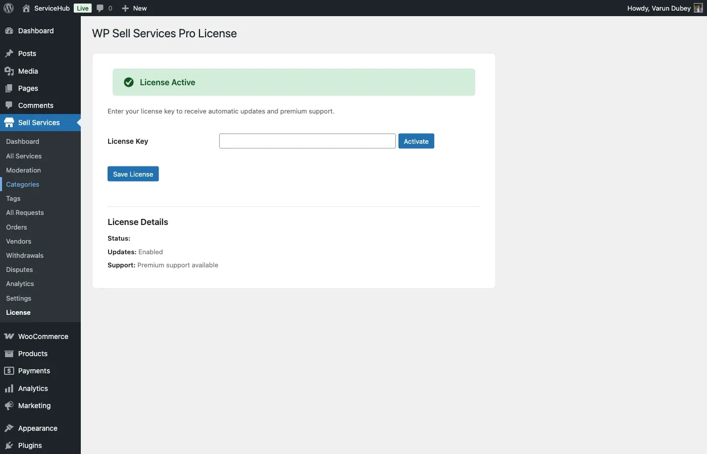 The License screen under Sell Services