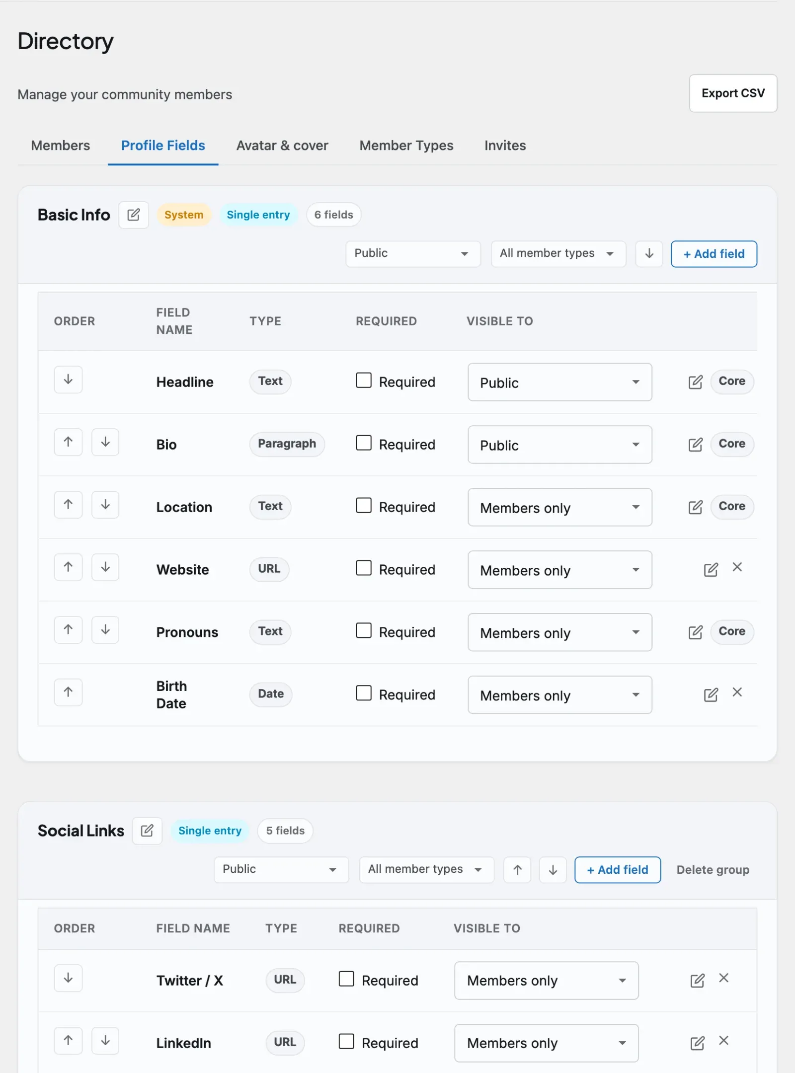 The profile fields editor - flat rows with inline Required and visibility controls