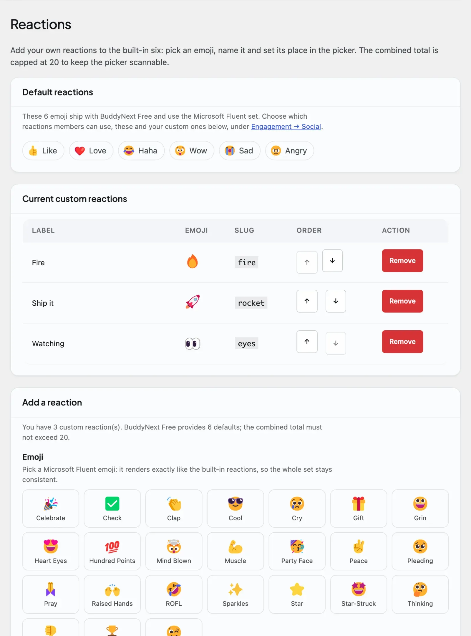 The Engagement Reactions admin tab where you add and manage custom reactions