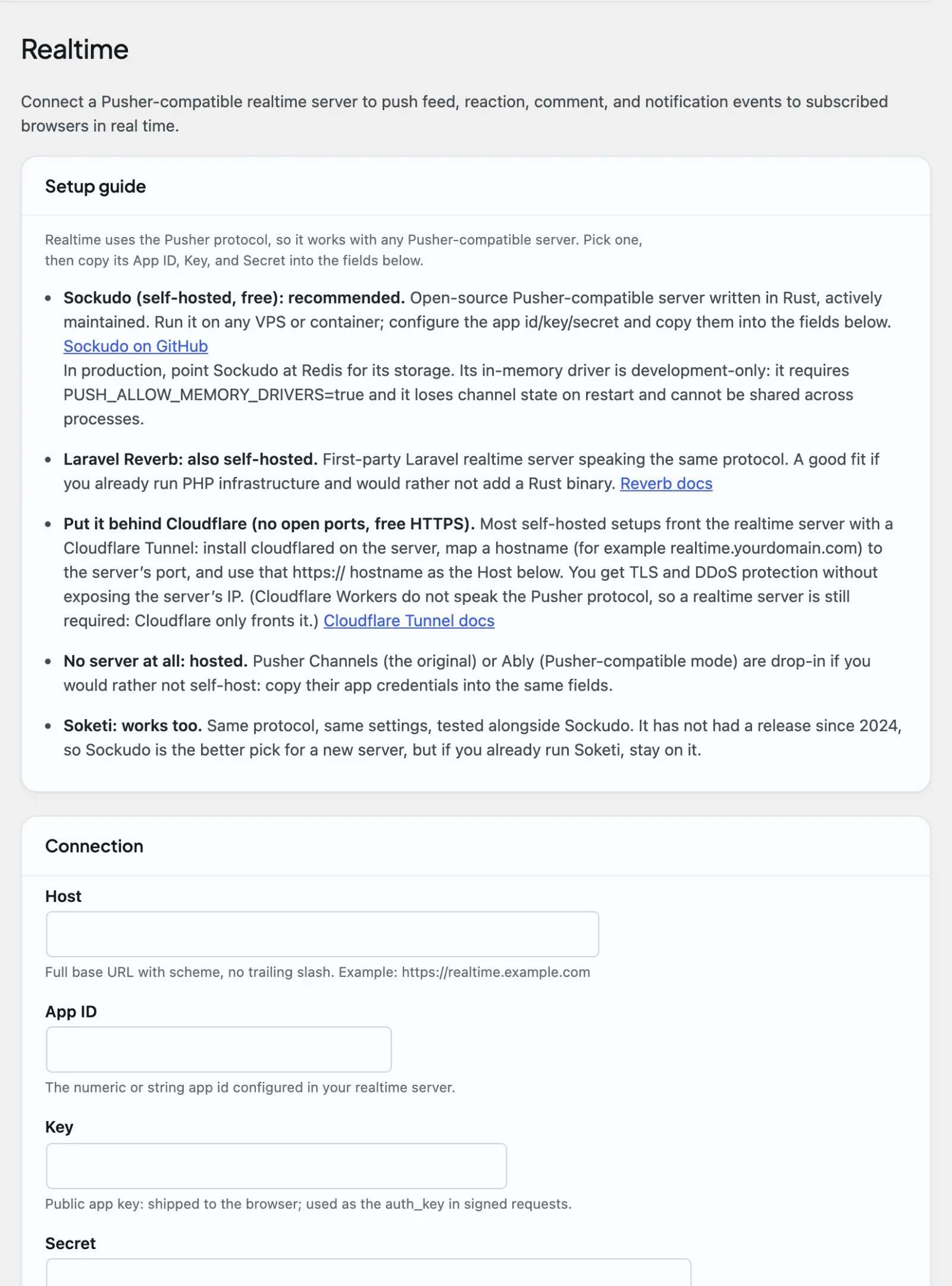The Realtime admin tab for WebSocket and live updates