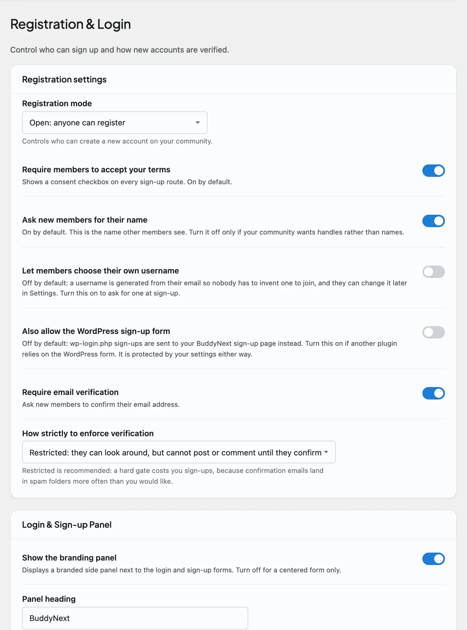 Members - Registration &amp; Login admin tab where the site owner configures the login panel and registration mode