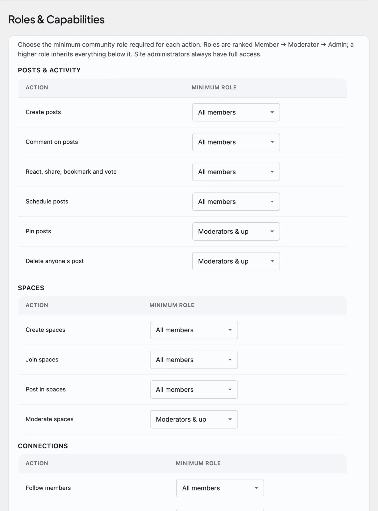 The Members Roles admin tab gated by the capability model and buddynext_can() entry point documented here