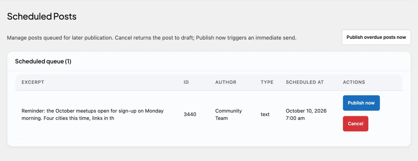 The Campaigns > Scheduled Posts admin tab where you review the queue of scheduled posts