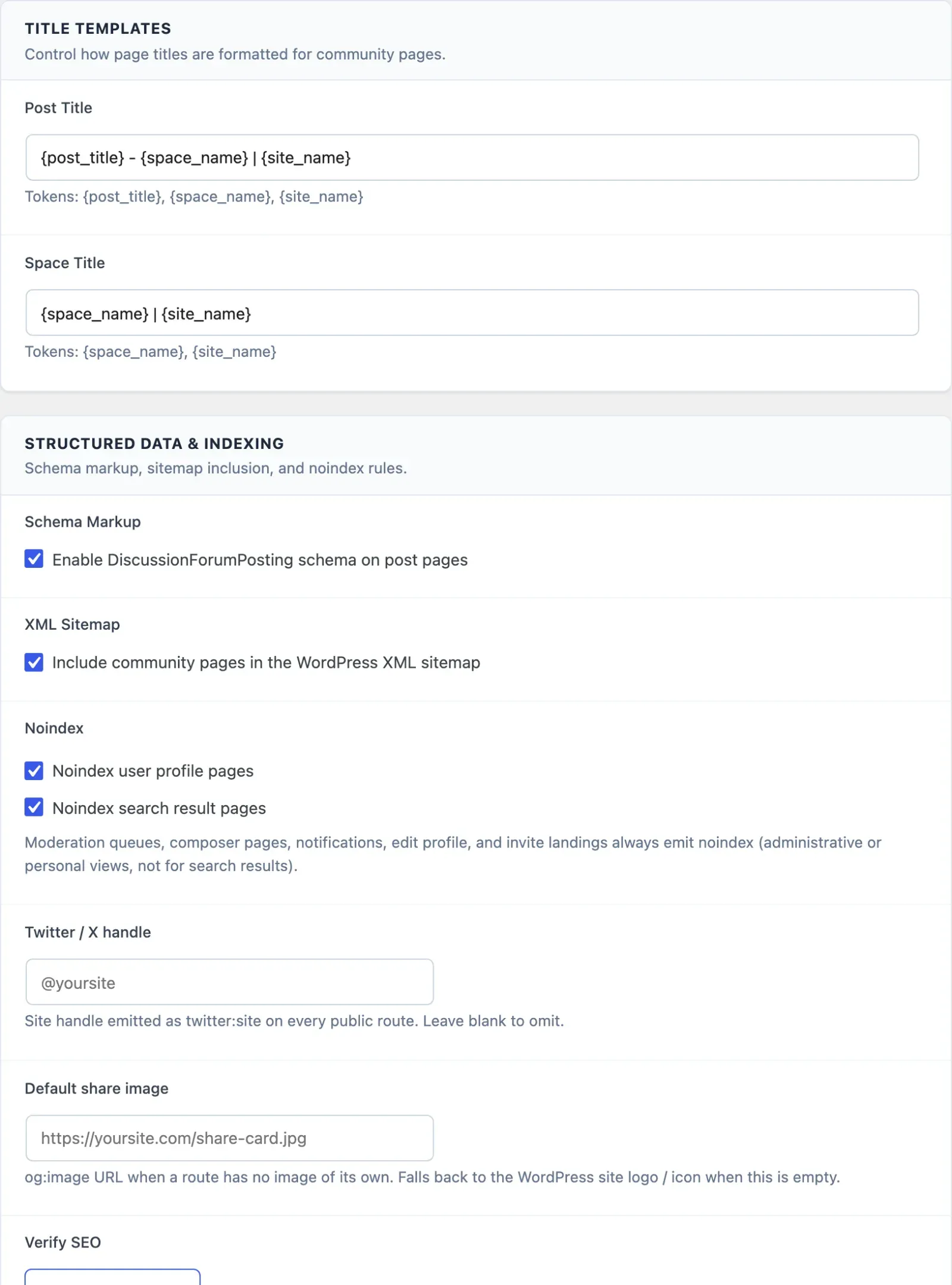 SEO settings with title templates, structured data, sitemap and noindex options