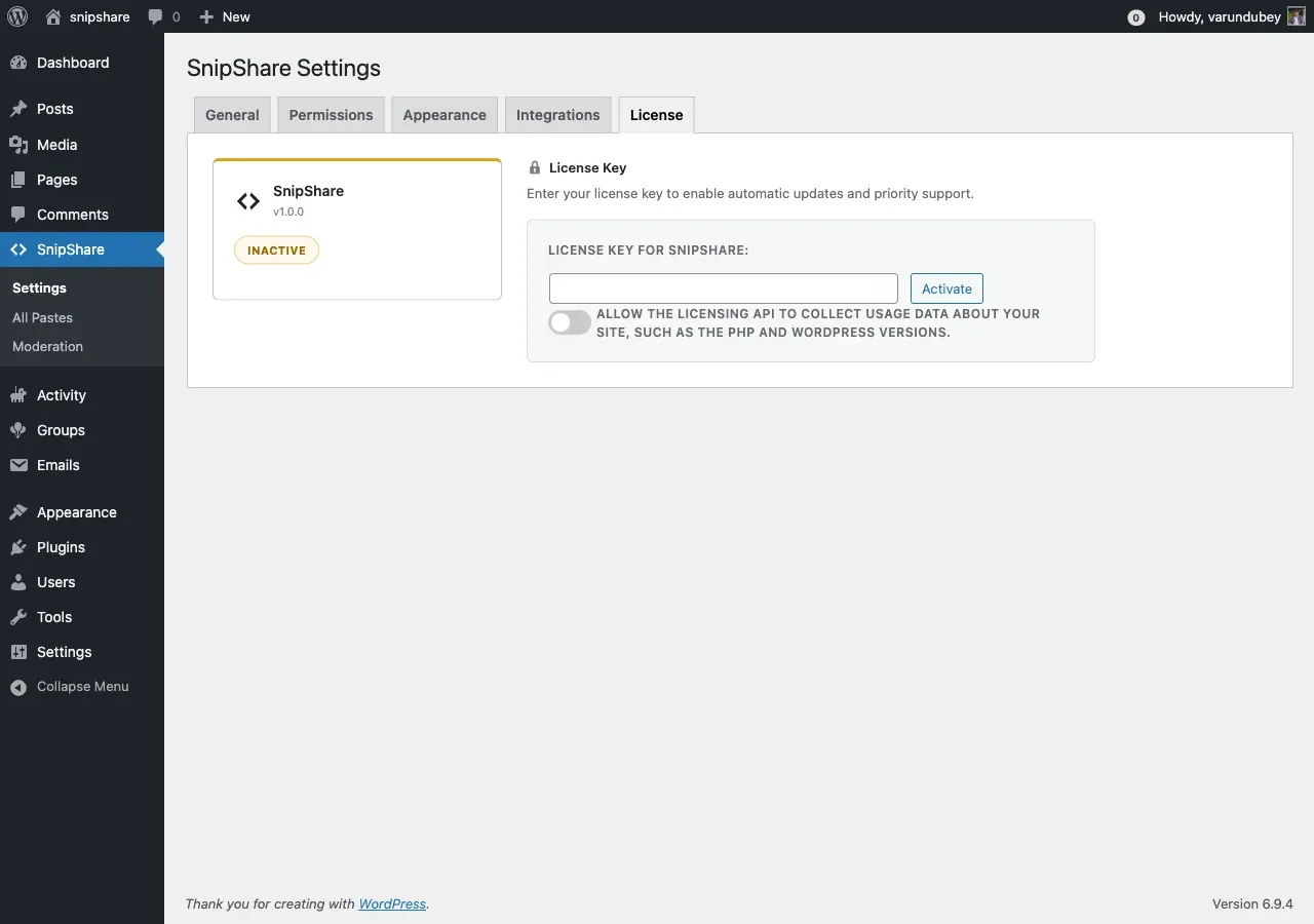License settings