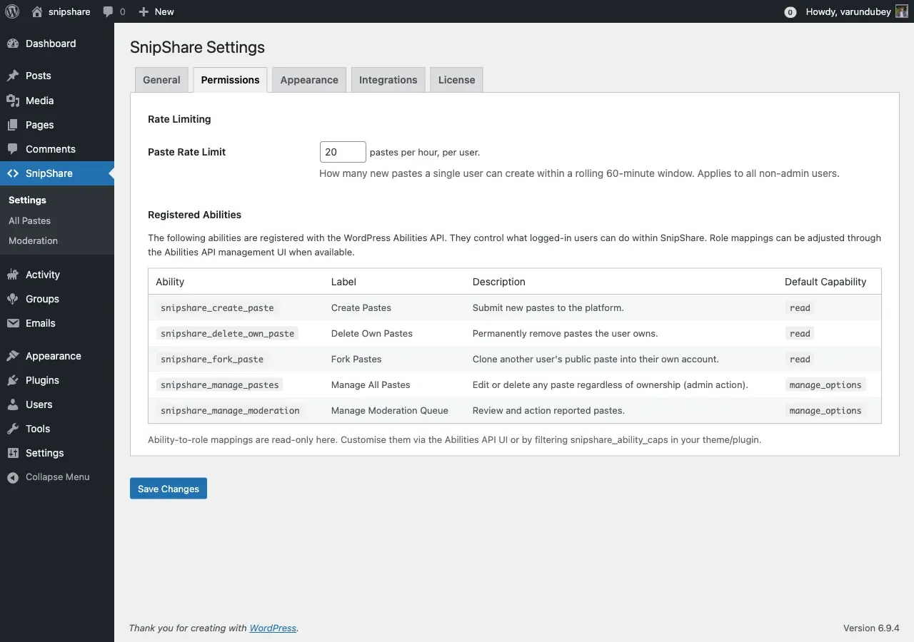 Permissions settings