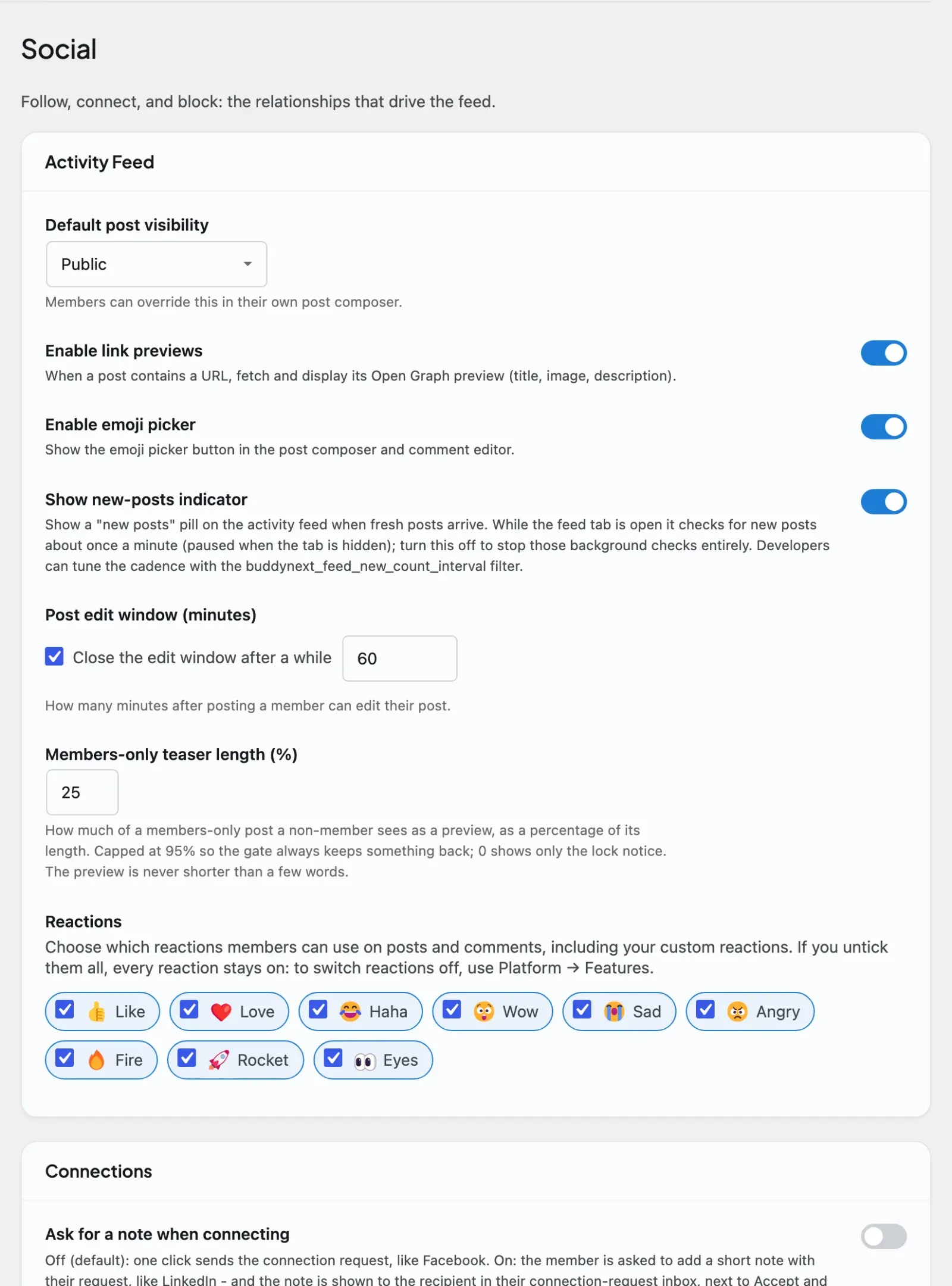 The reaction palette, under the Social tab’s Activity Feed section, where the site owner chooses which reactions members can use