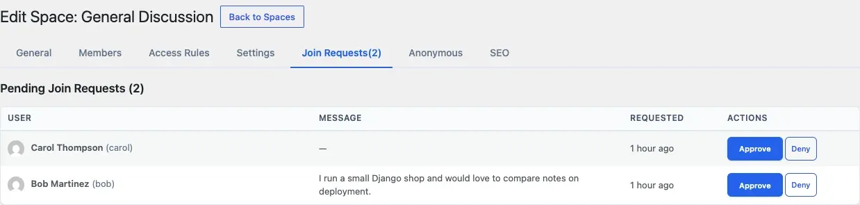 Pending join requests with Approve and Deny buttons