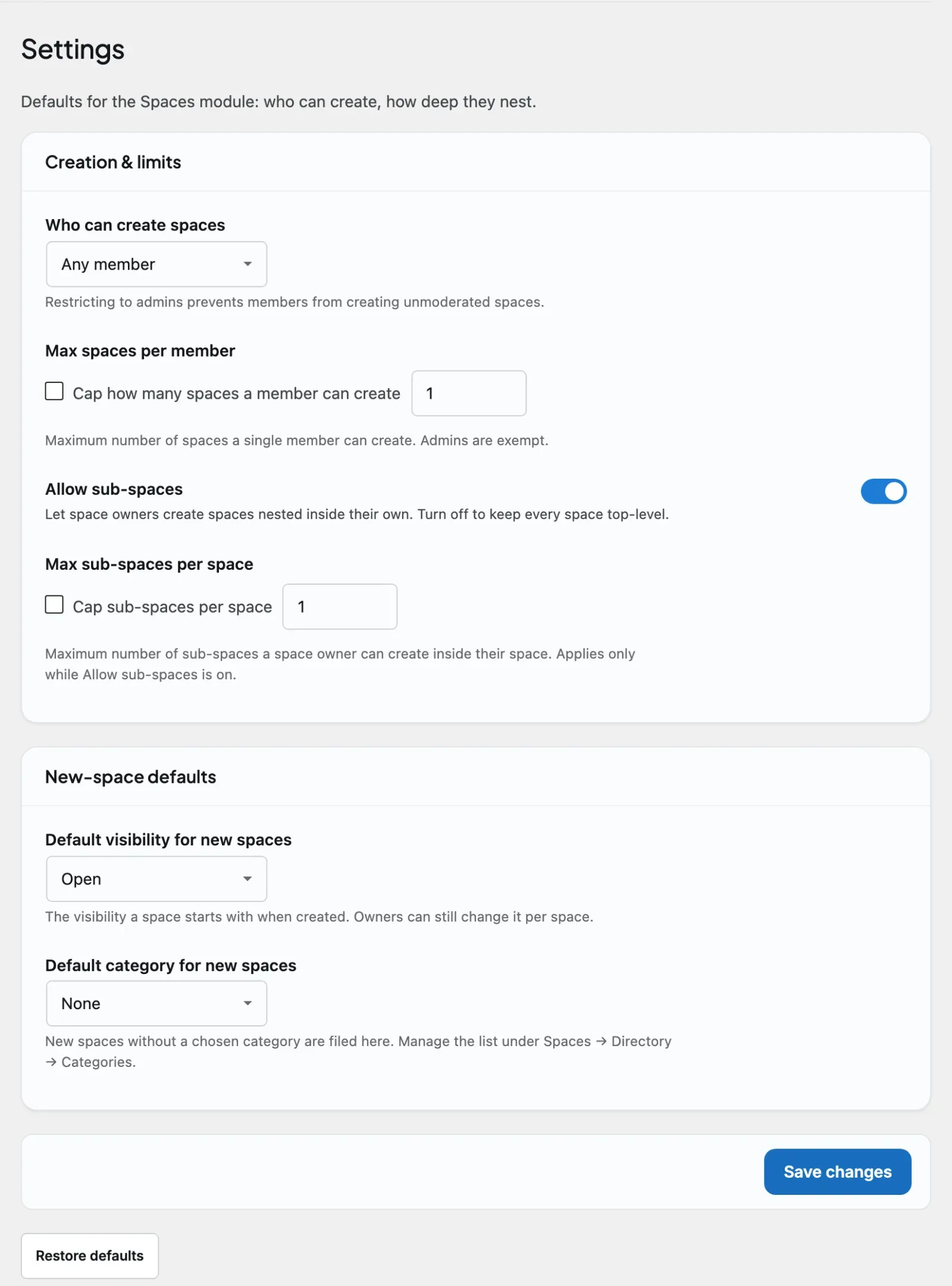 The admin spaces list sorted by Last Activity