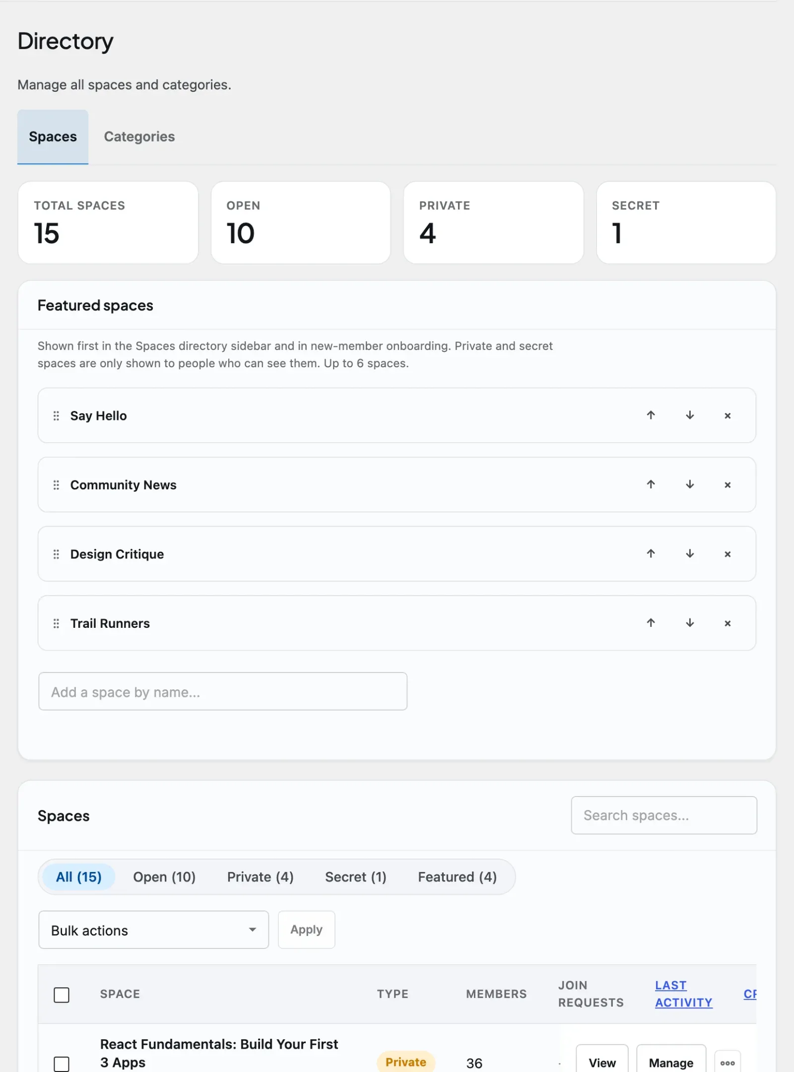 Spaces - Settings admin tab controlling who can create spaces and the new-space defaults