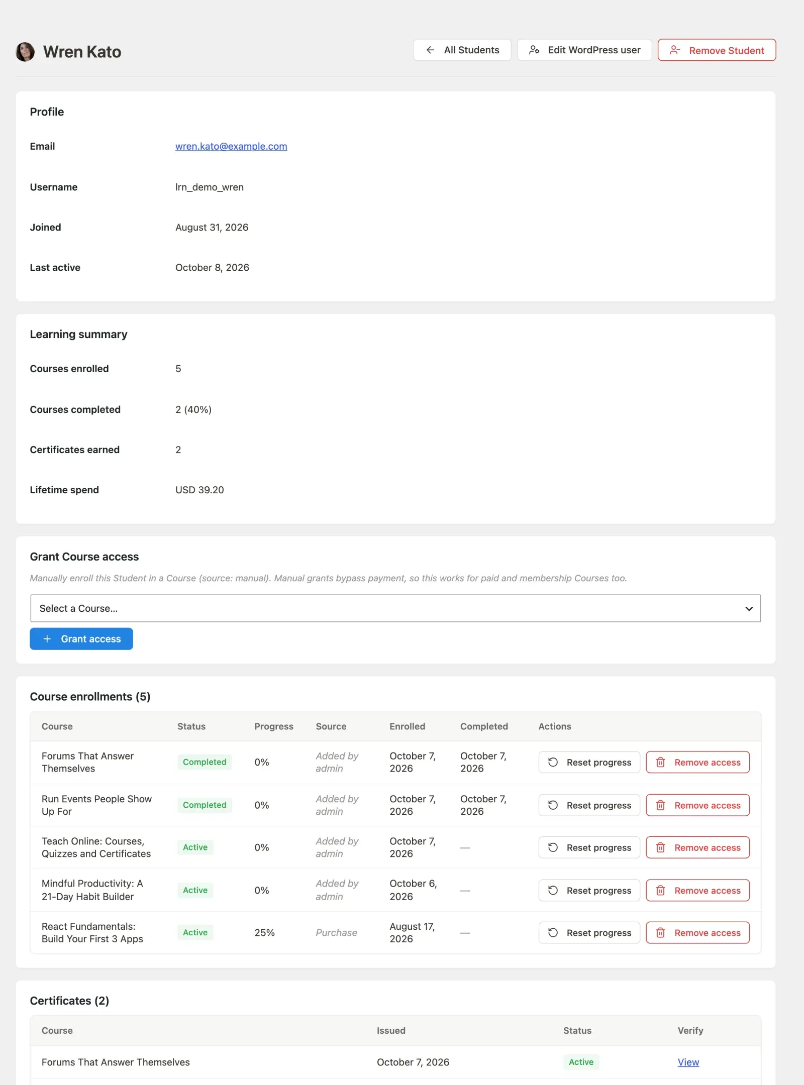 The student detail page