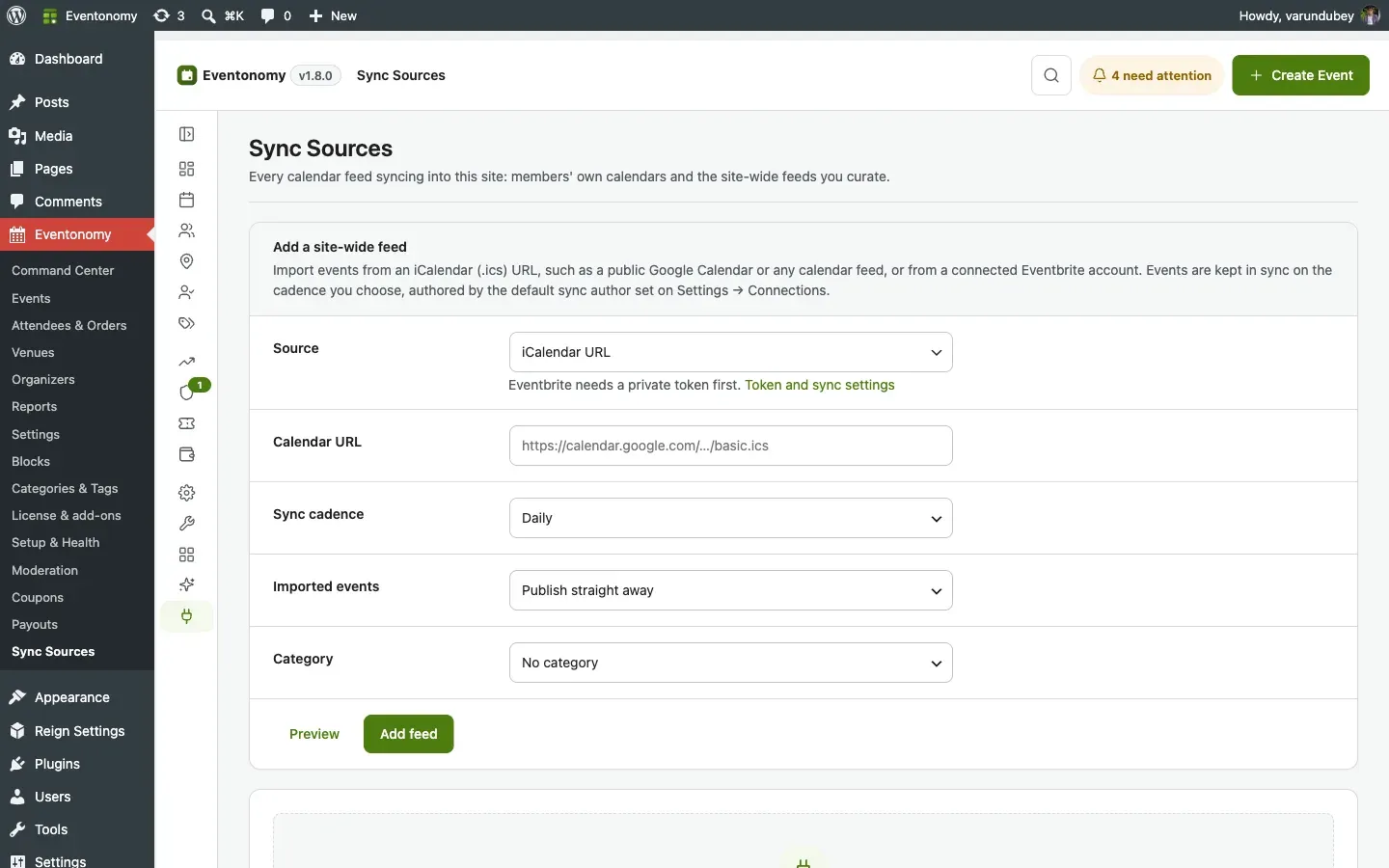 The Sync Sources admin screen listing every connected feed with its source, owner, cadence, last run and status