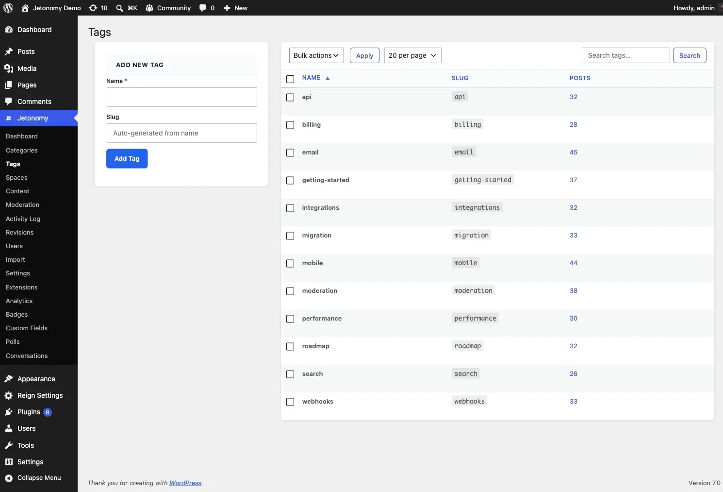 Jetonomy Tags admin screen: a table of tags with post counts, a bulk-action dropdown, a search box, and the Add New Tag form