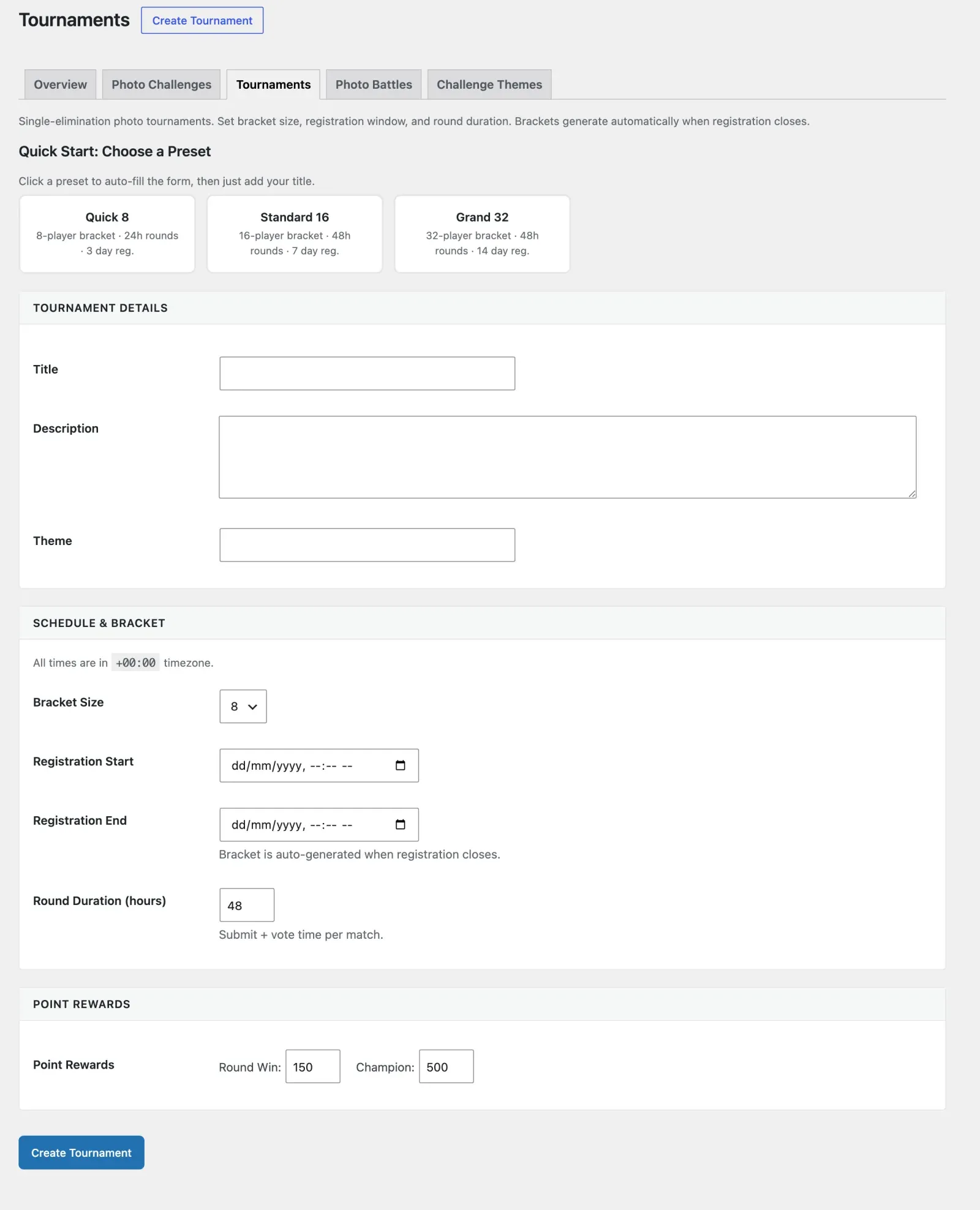 Create Tournament form with bracket size, registration window, round duration and point rewards