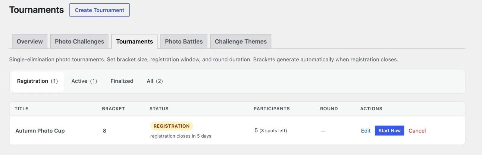 Tournaments admin list showing bracket size, status and participants