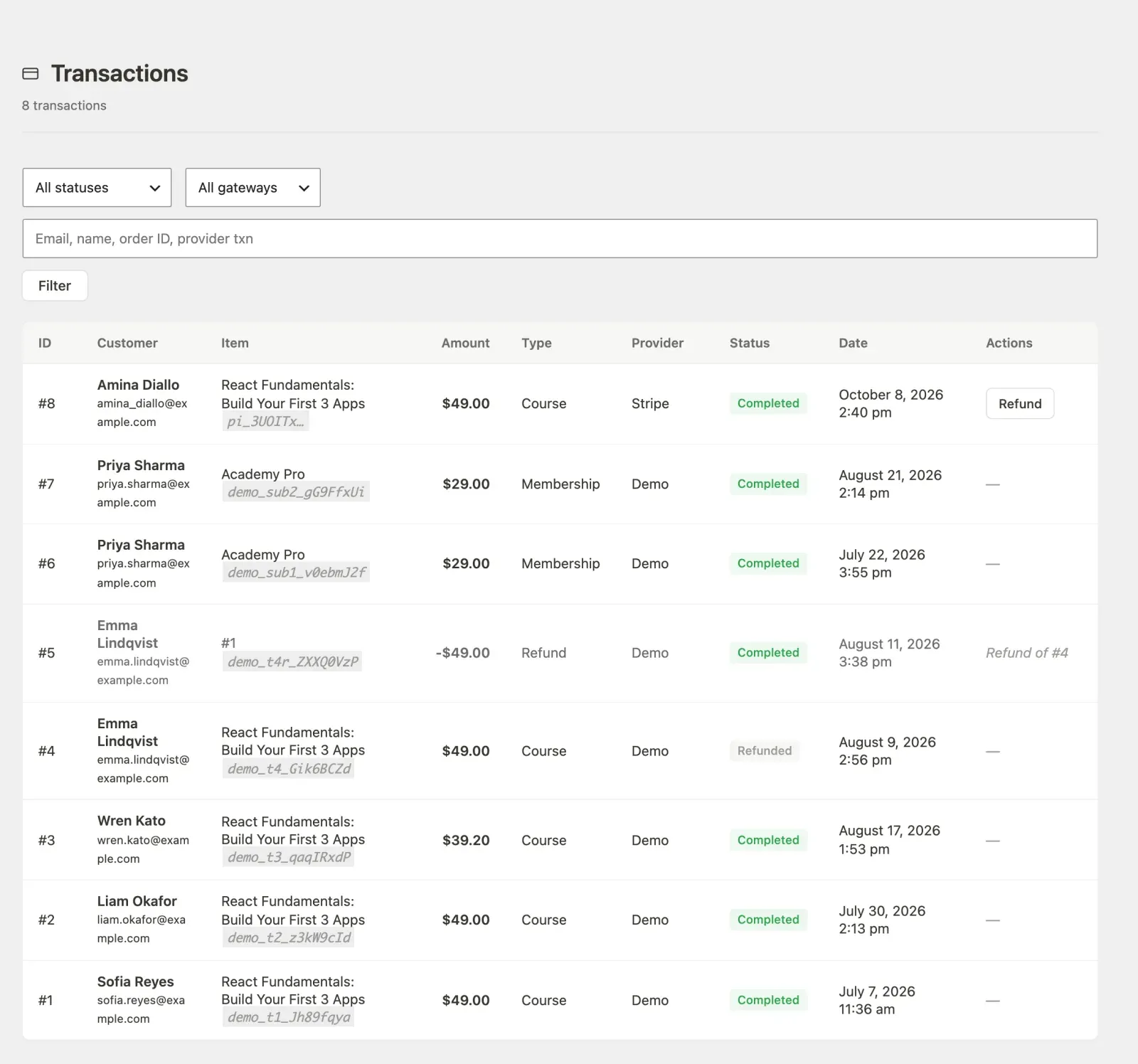 Transactions list