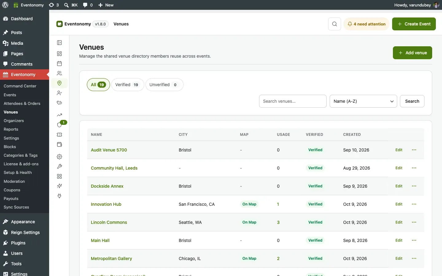 Admin Venues page showing the venue catalog with usage counts