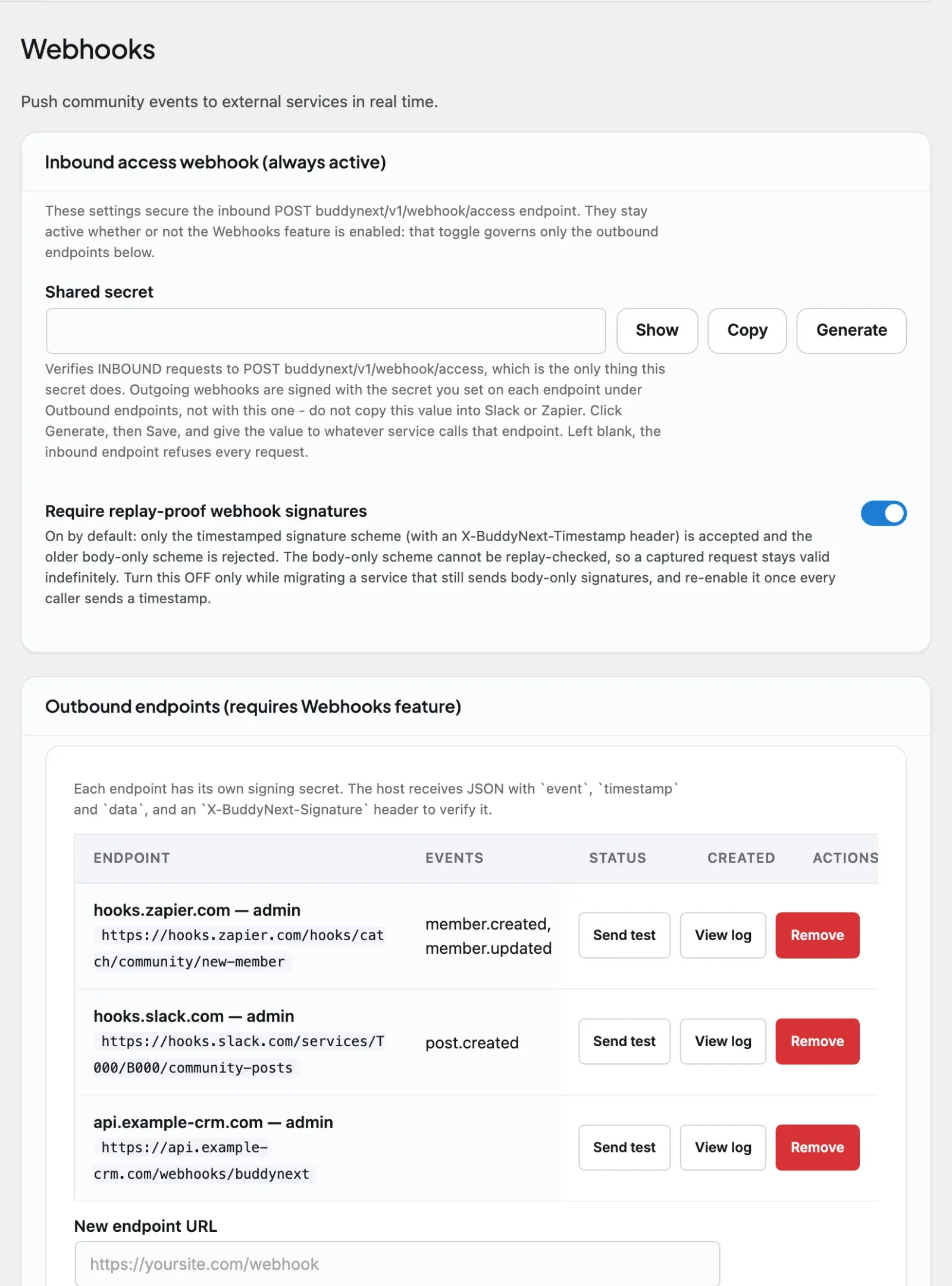 The Realtime &amp; Push > Webhooks admin tab where the outbound and inbound webhook endpoints on this page are configured