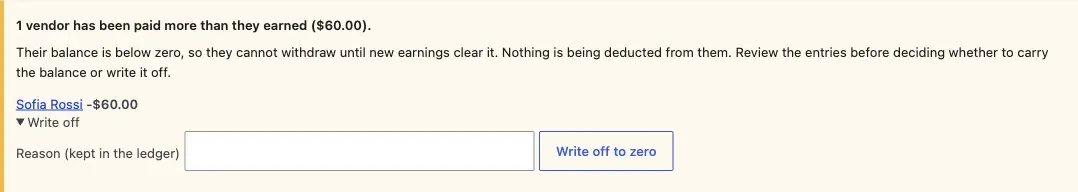 The negative balance notice on the Vendors screen with the Write off form open