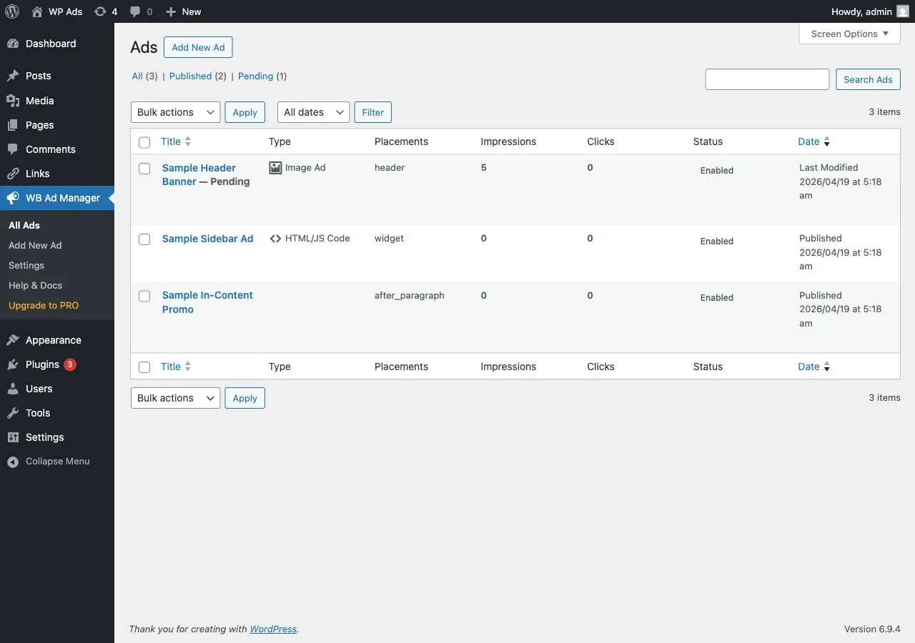 WB Ad Manager active in the WordPress admin