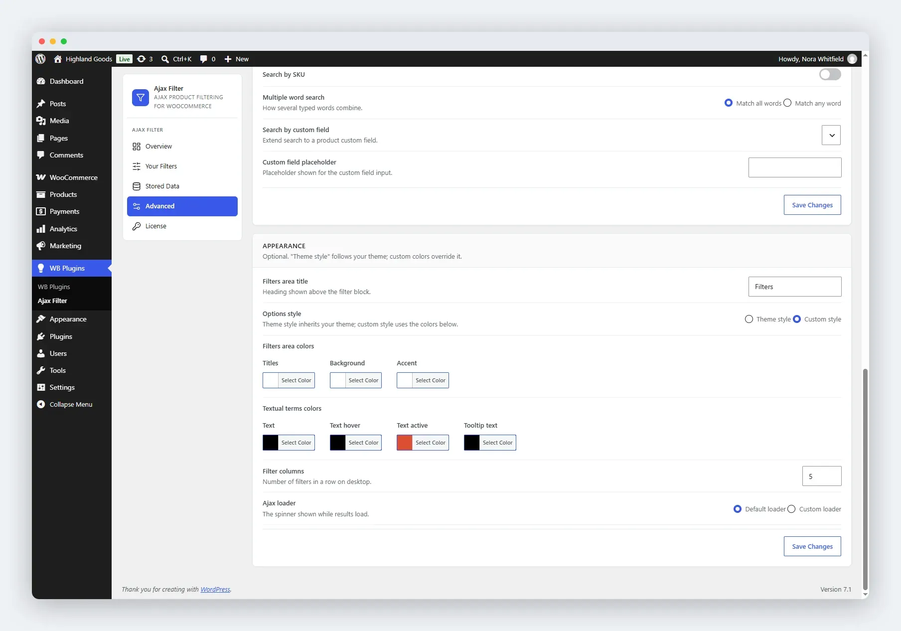 The Appearance card on the Advanced tab