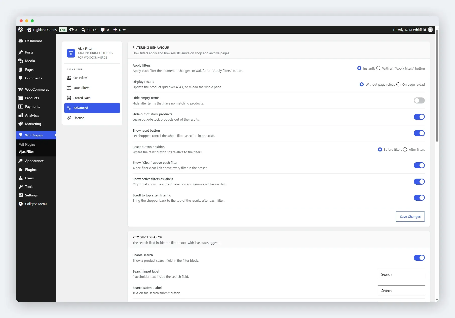 The Filtering behaviour card on the Advanced tab