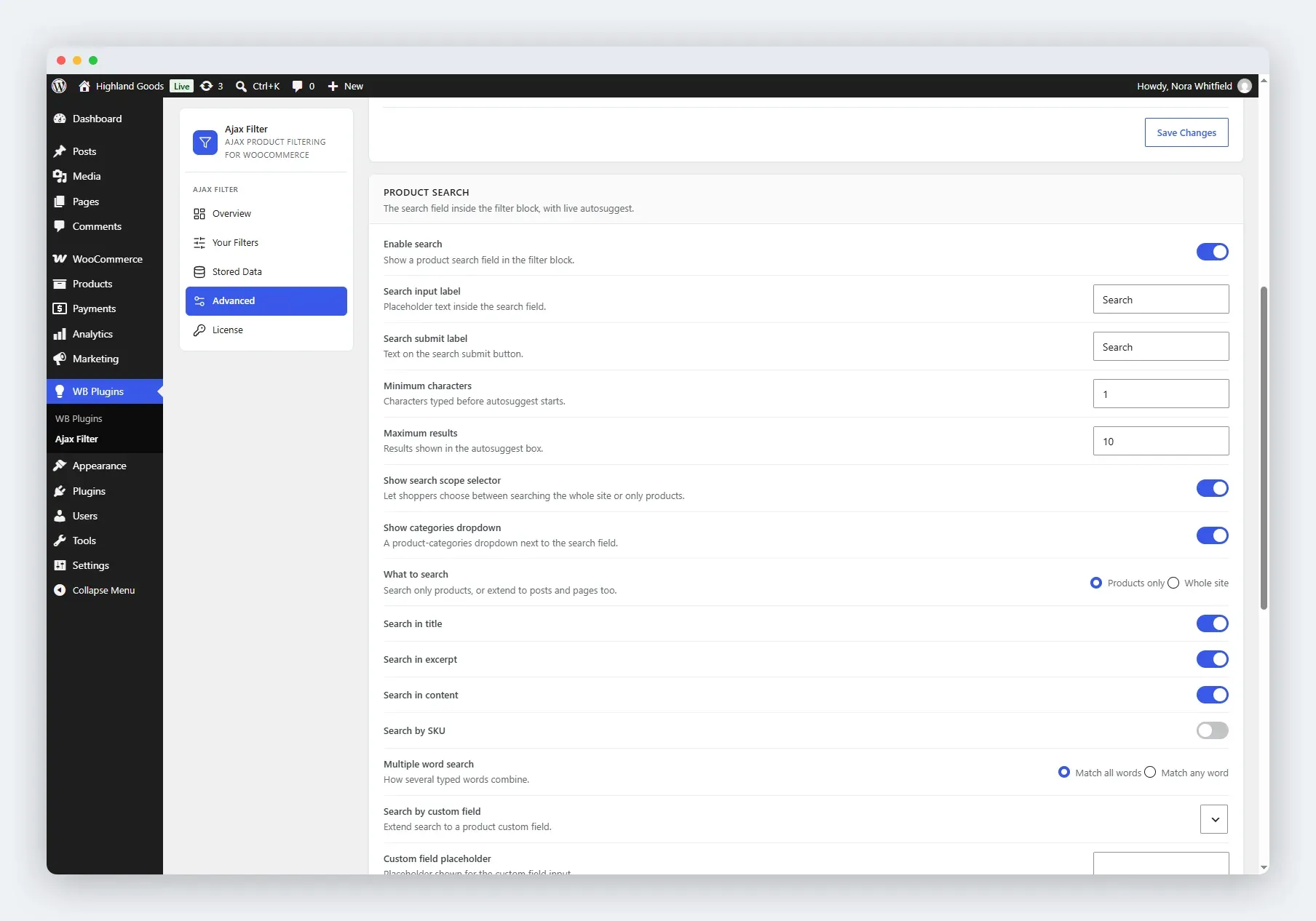 The Product search card on the Advanced tab