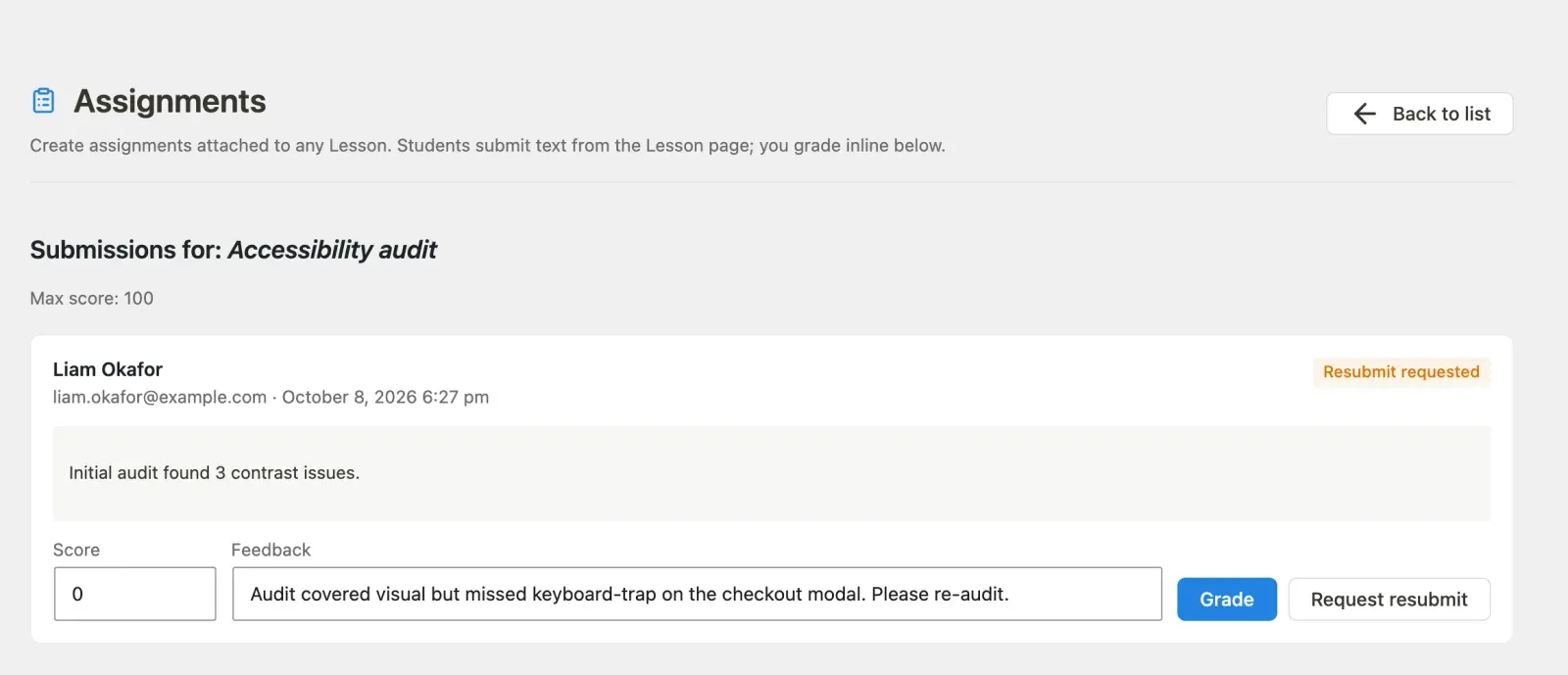 Assignment submissions grading
