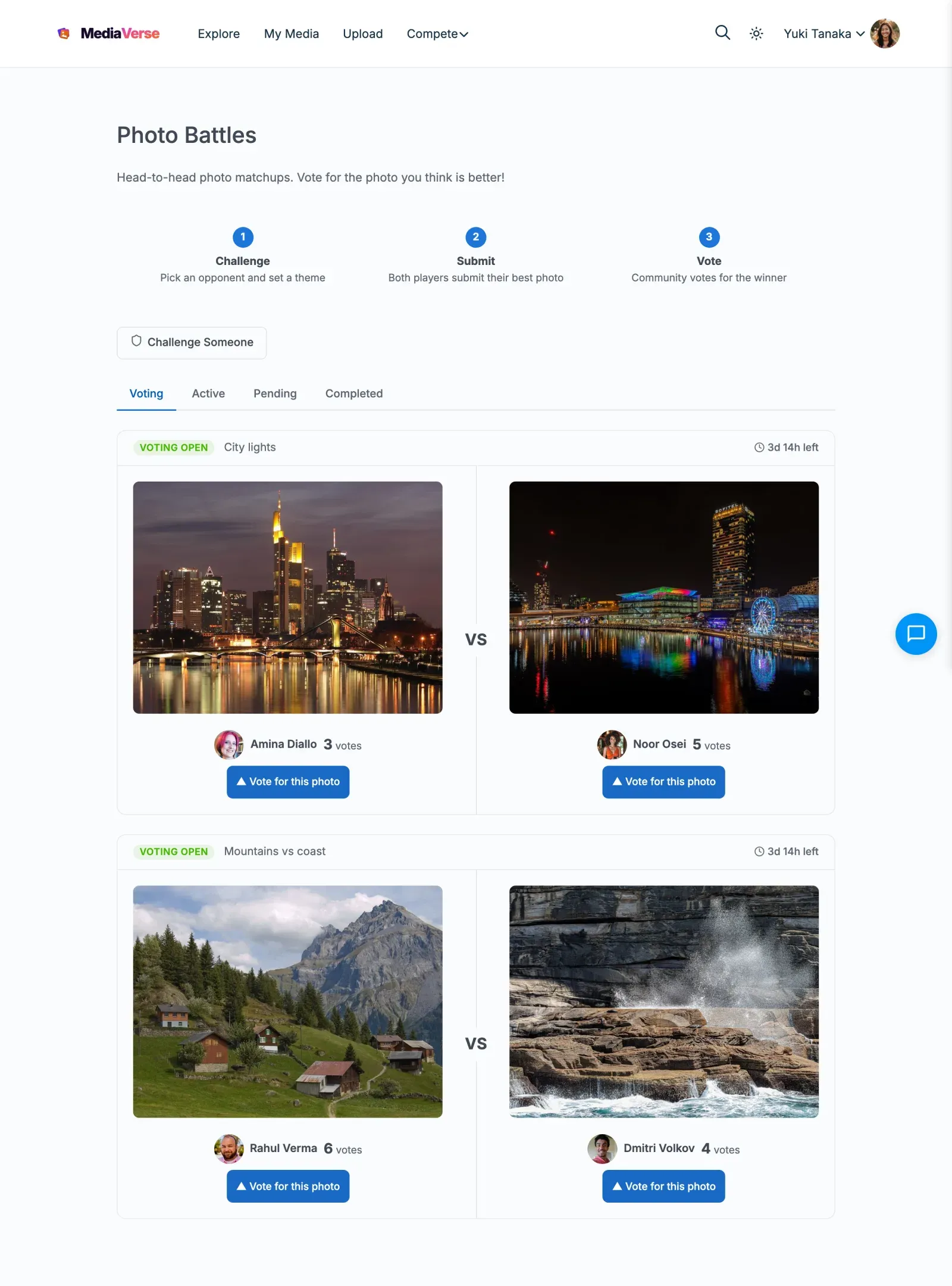 Photo Battles page with two battles open for voting
