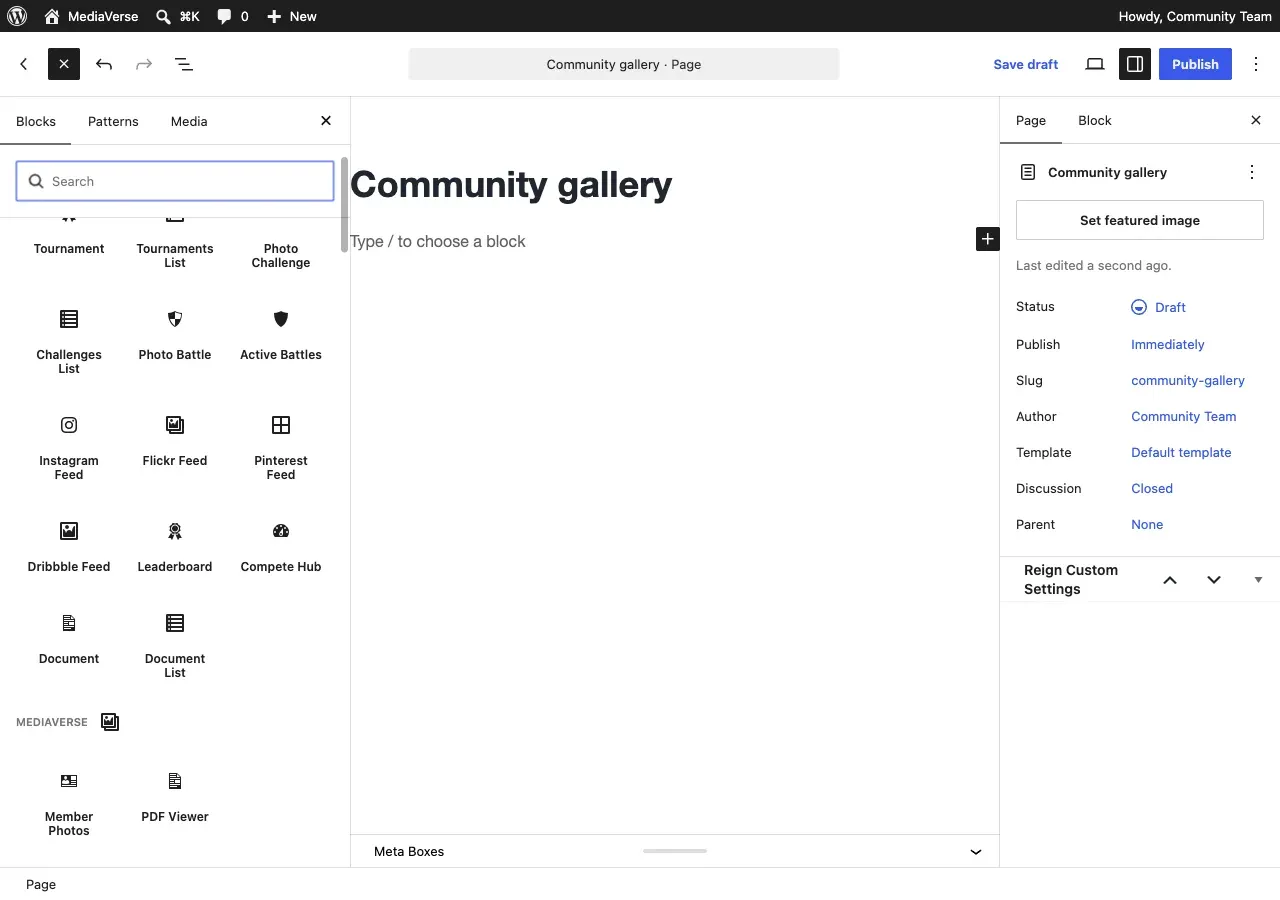 The block inserter in the page editor with the MediaVerse and MediaVerse Pro block groups