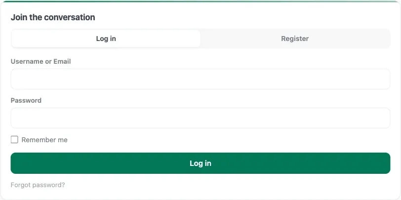 The Jetonomy Login block rendered inline on a page, showing the Login, Register, and Lost Password tabs