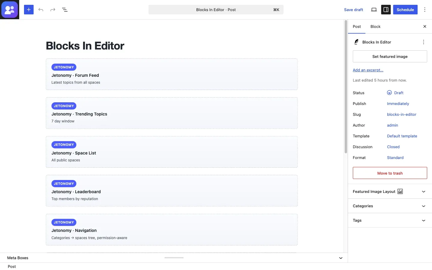 Jetonomy blocks shown as static preview cards in the Gutenberg block editor