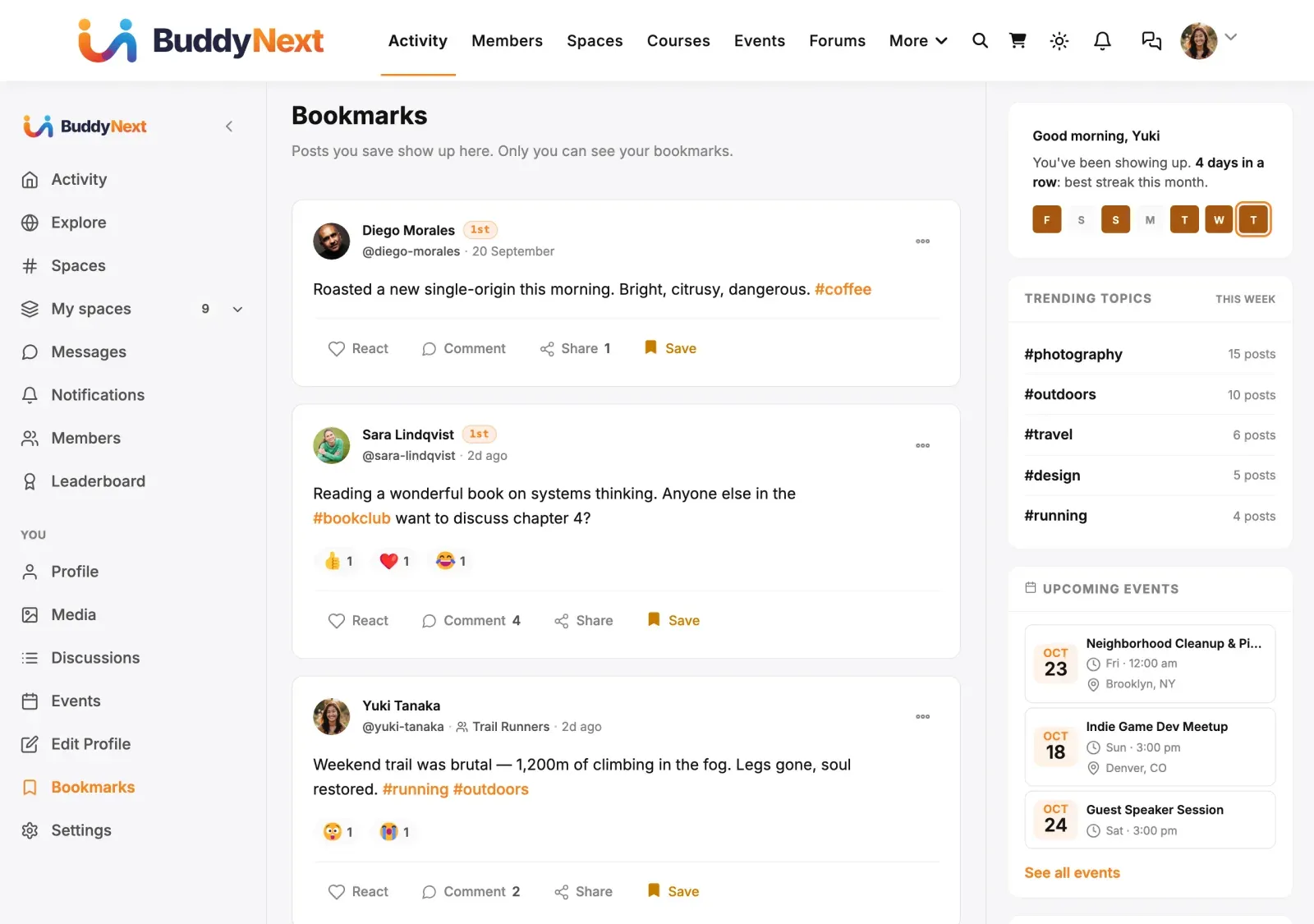 A member’s Bookmarks page listing saved posts, each with the Save action highlighted