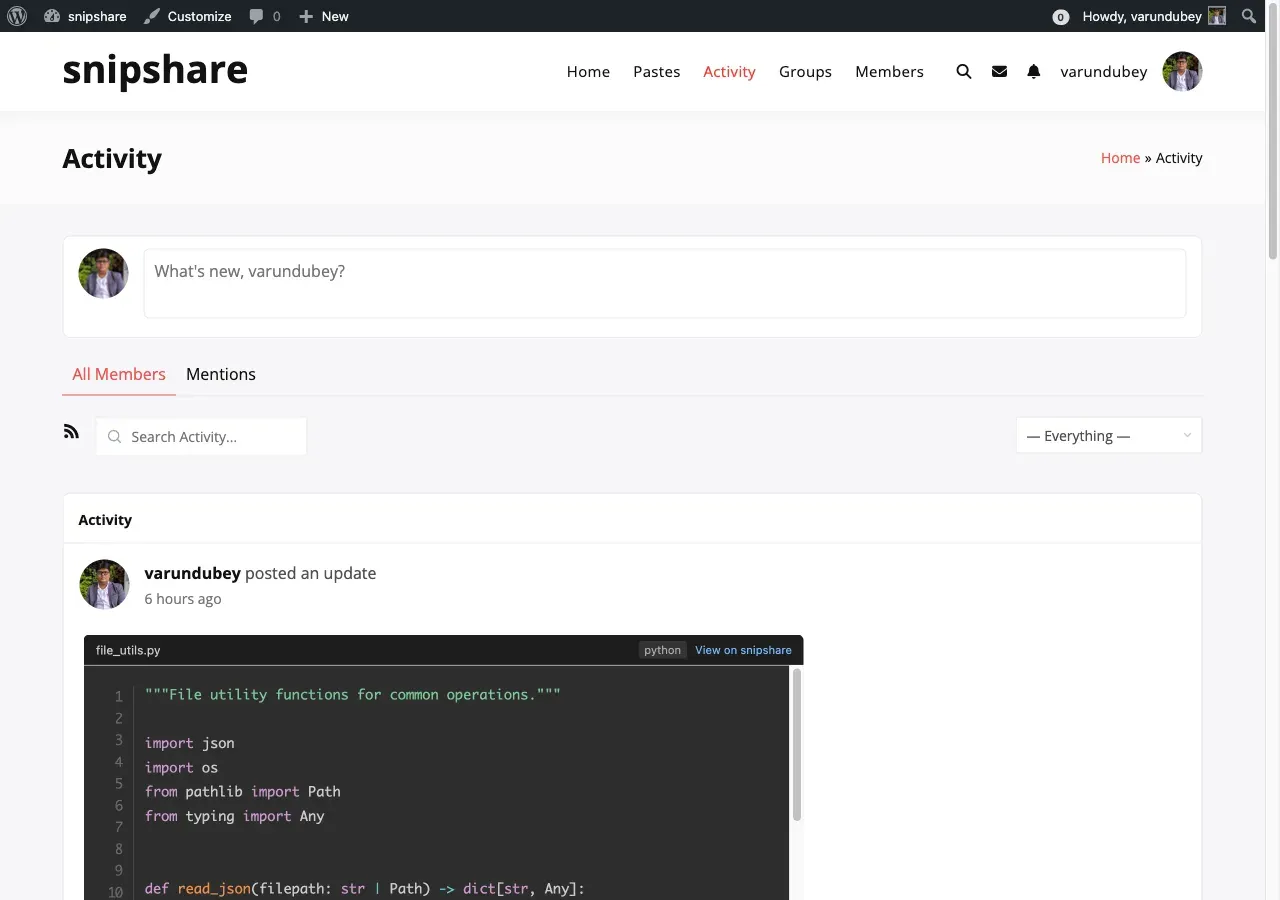 BuddyPress activity feed with embedded paste