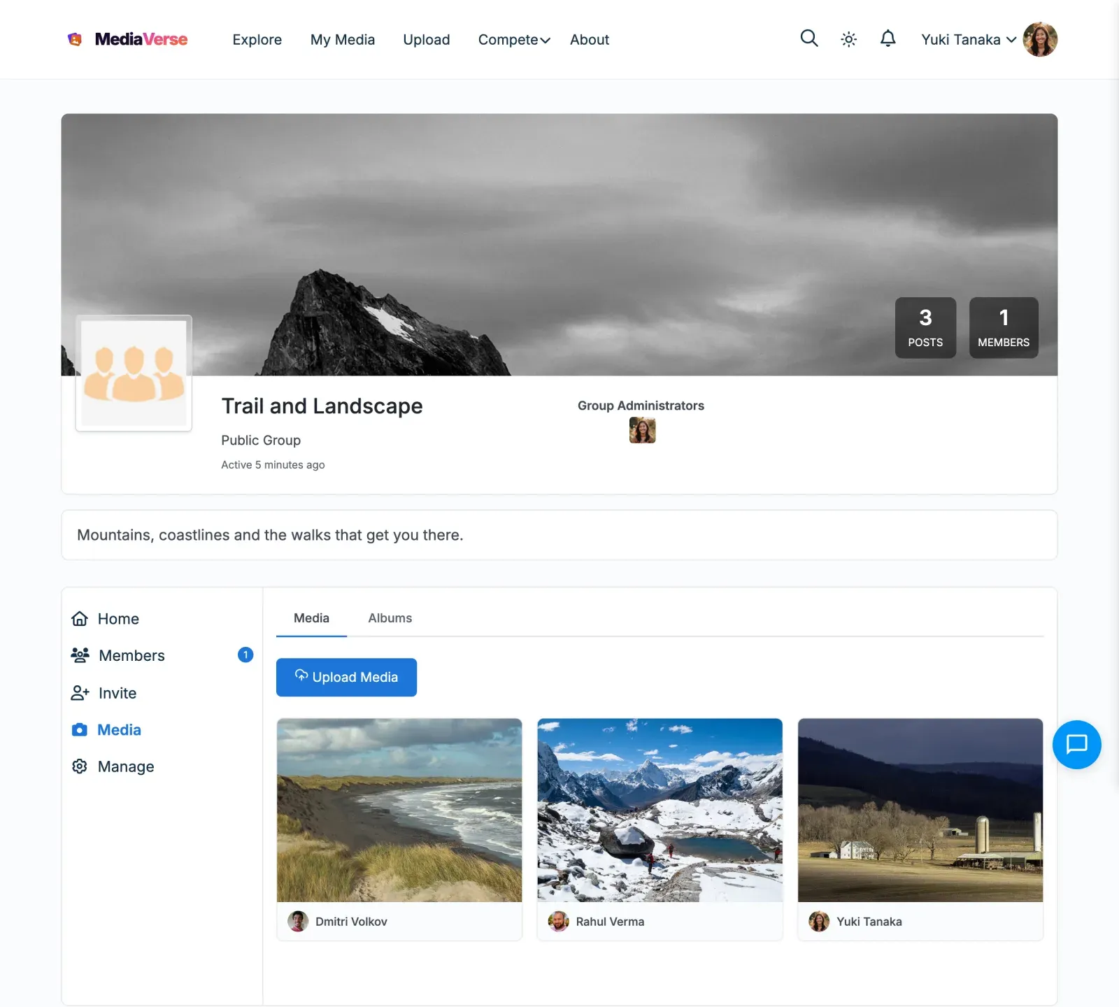The Media tab on a BuddyPress group, with Media and Albums sub-tabs, the Upload Media button and photos shared with the group