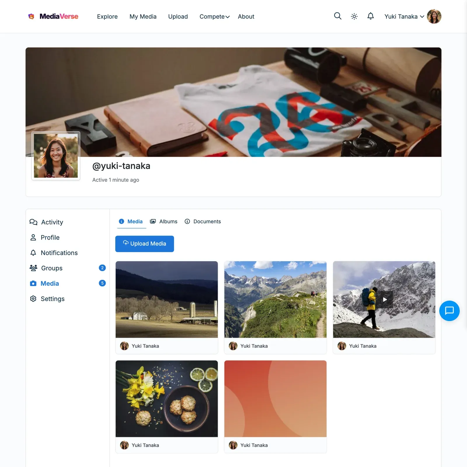 The Media tab on a BuddyPress member profile, with Media, Albums and Documents sub-tabs, the Upload Media button and the member’s photos
