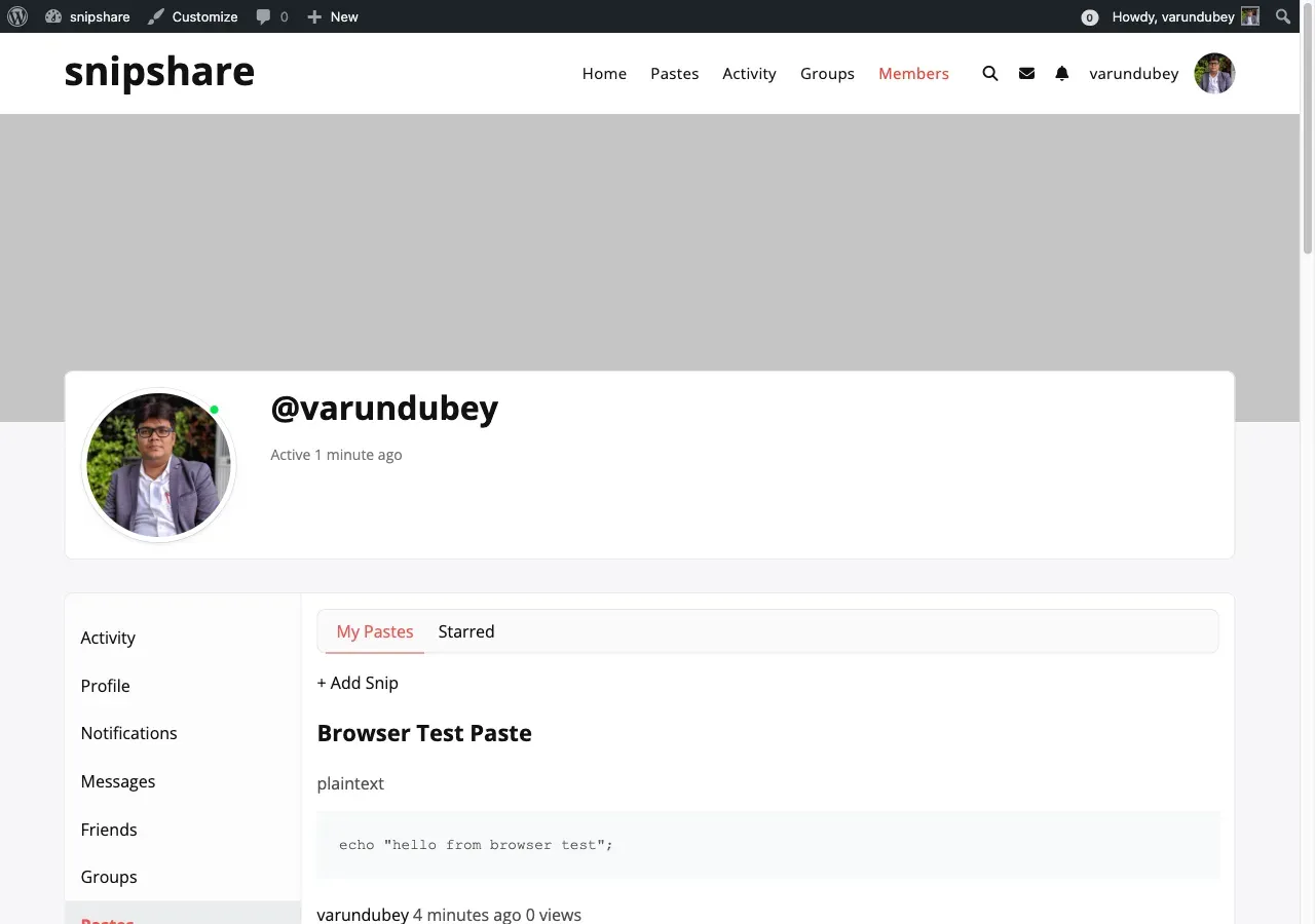 BuddyPress member profile Pastes tab