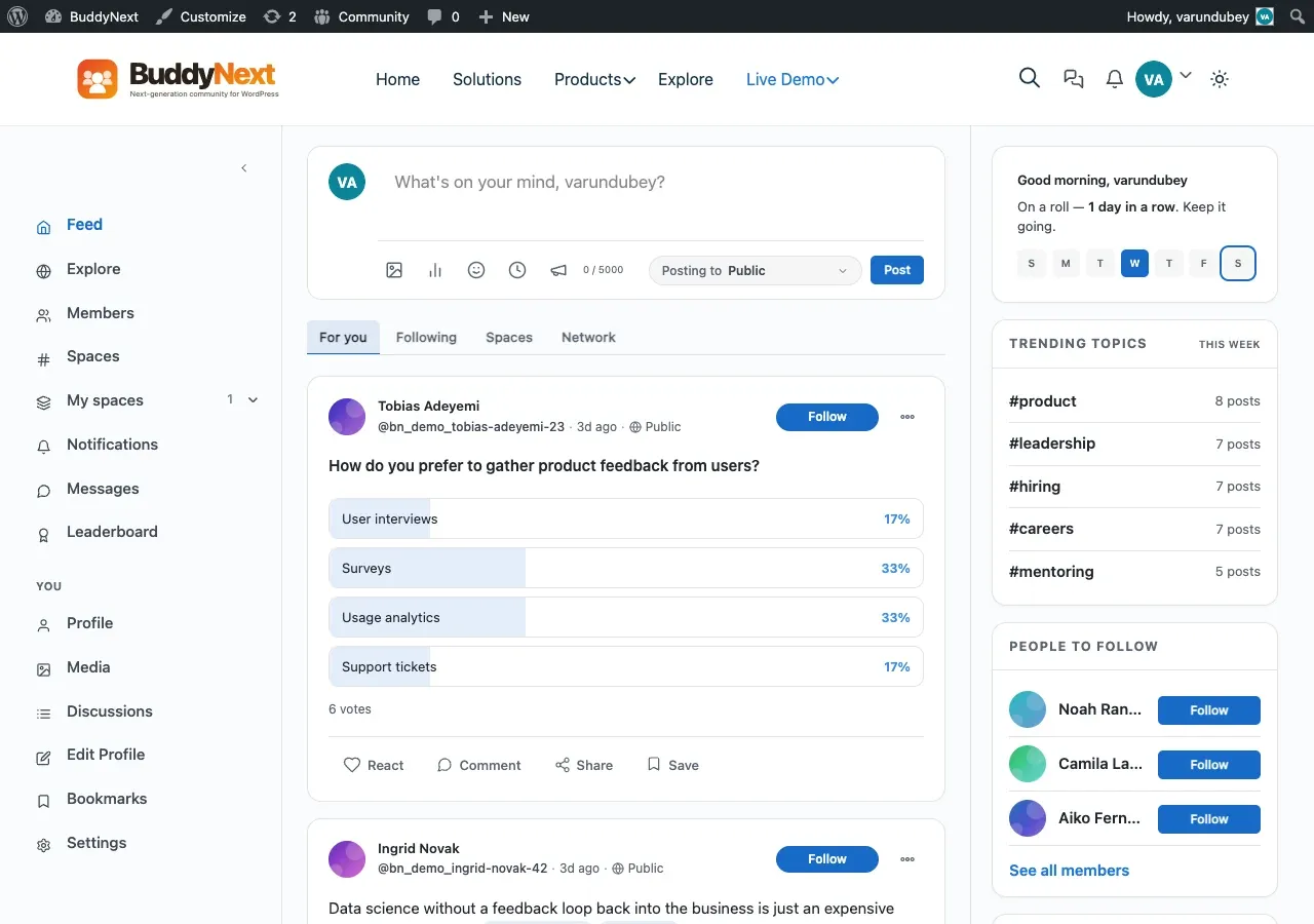 Activity feed styled by BuddyX Pro