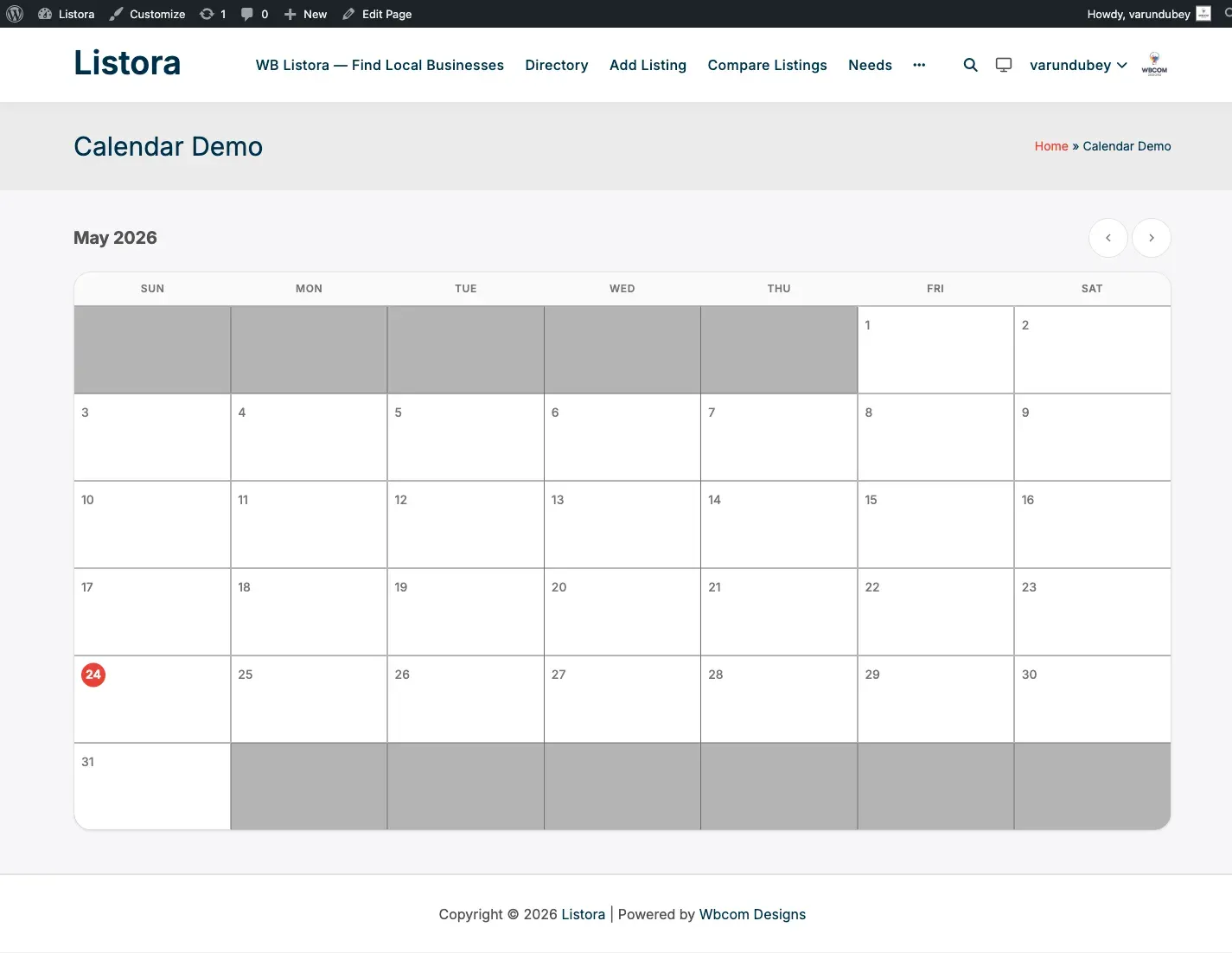 Calendar - monthly view with events on the days they cover