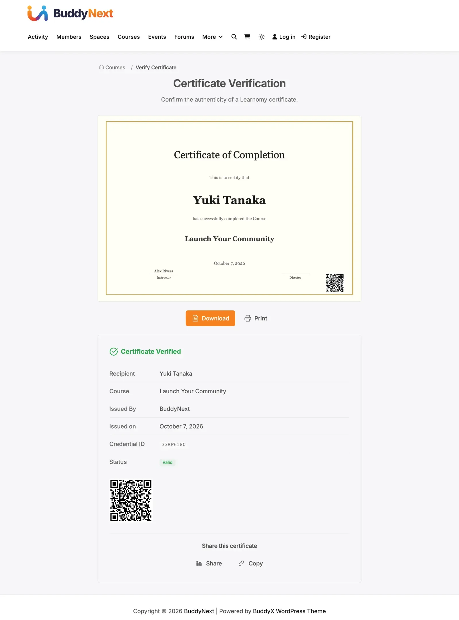 Public verification page showing a valid certificate with recipient, course, issue date and credential ID
