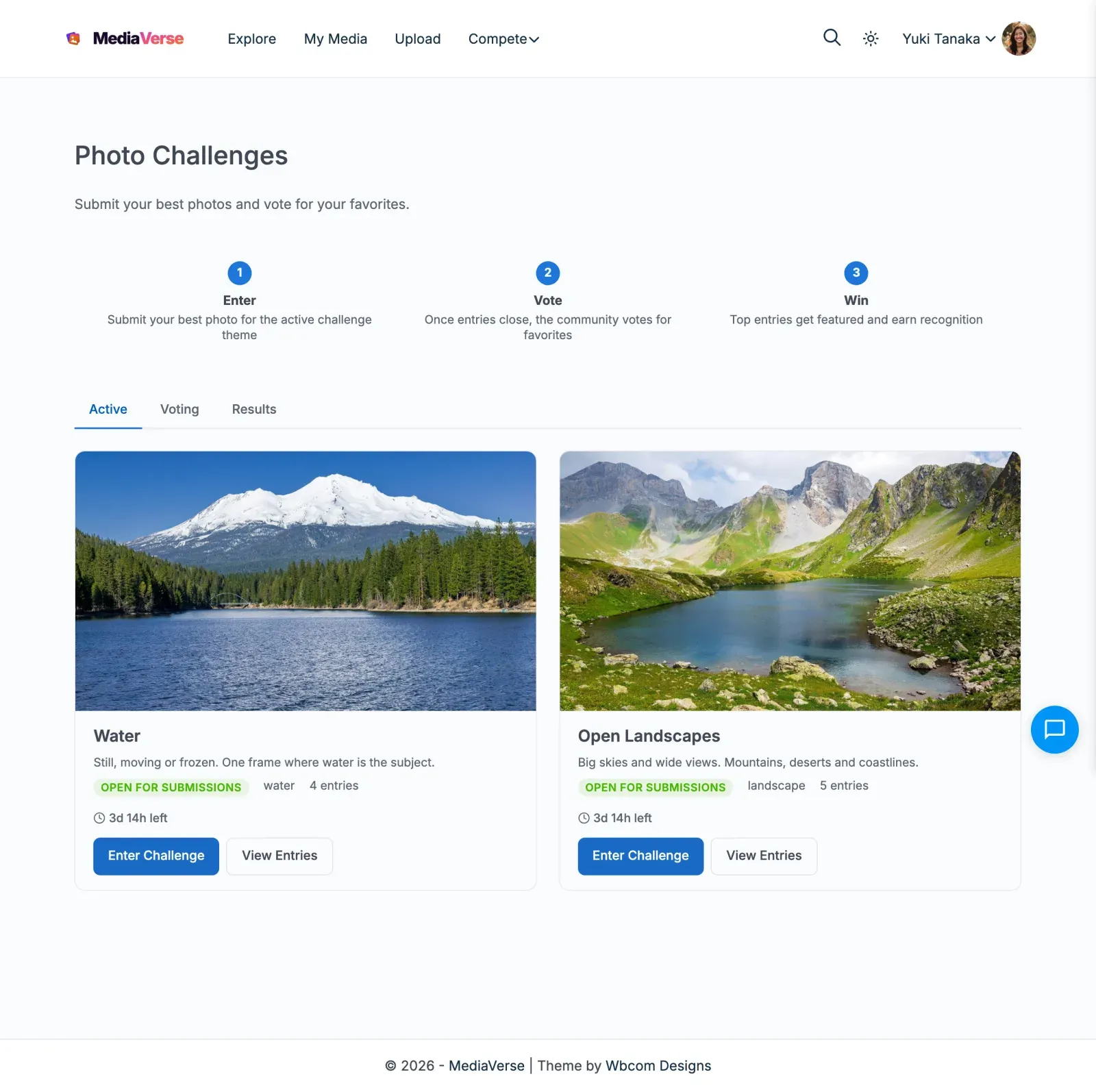 Photo Challenges page with two challenges open for entries